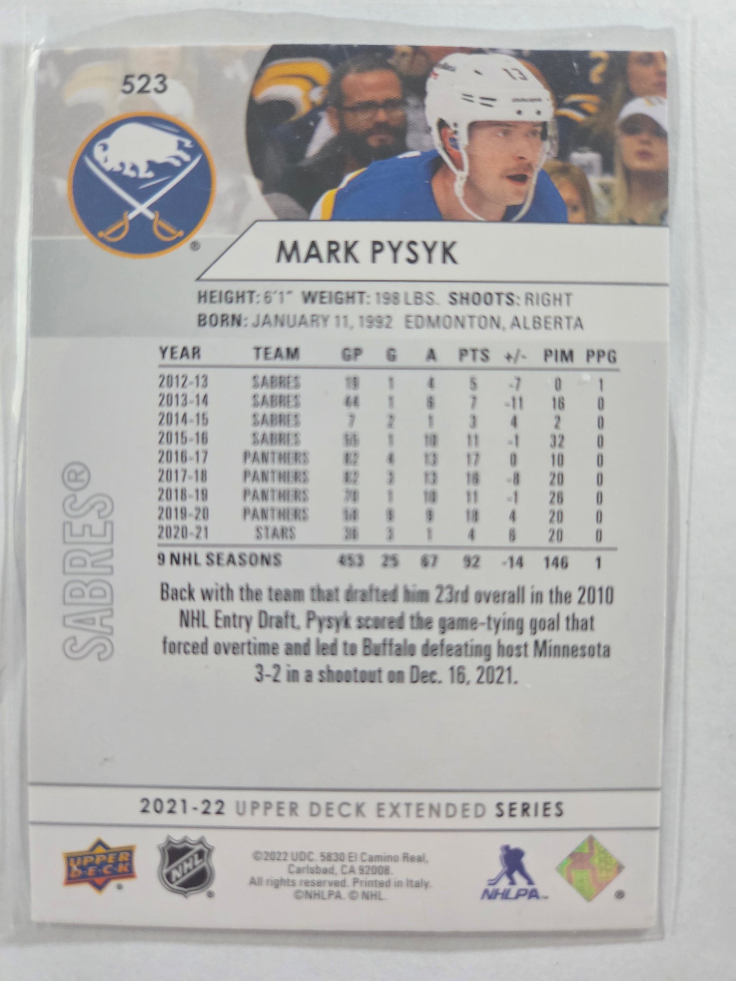 Mark Pysyk Upper Deck Extended Series #523 [Buffalo Sabres]