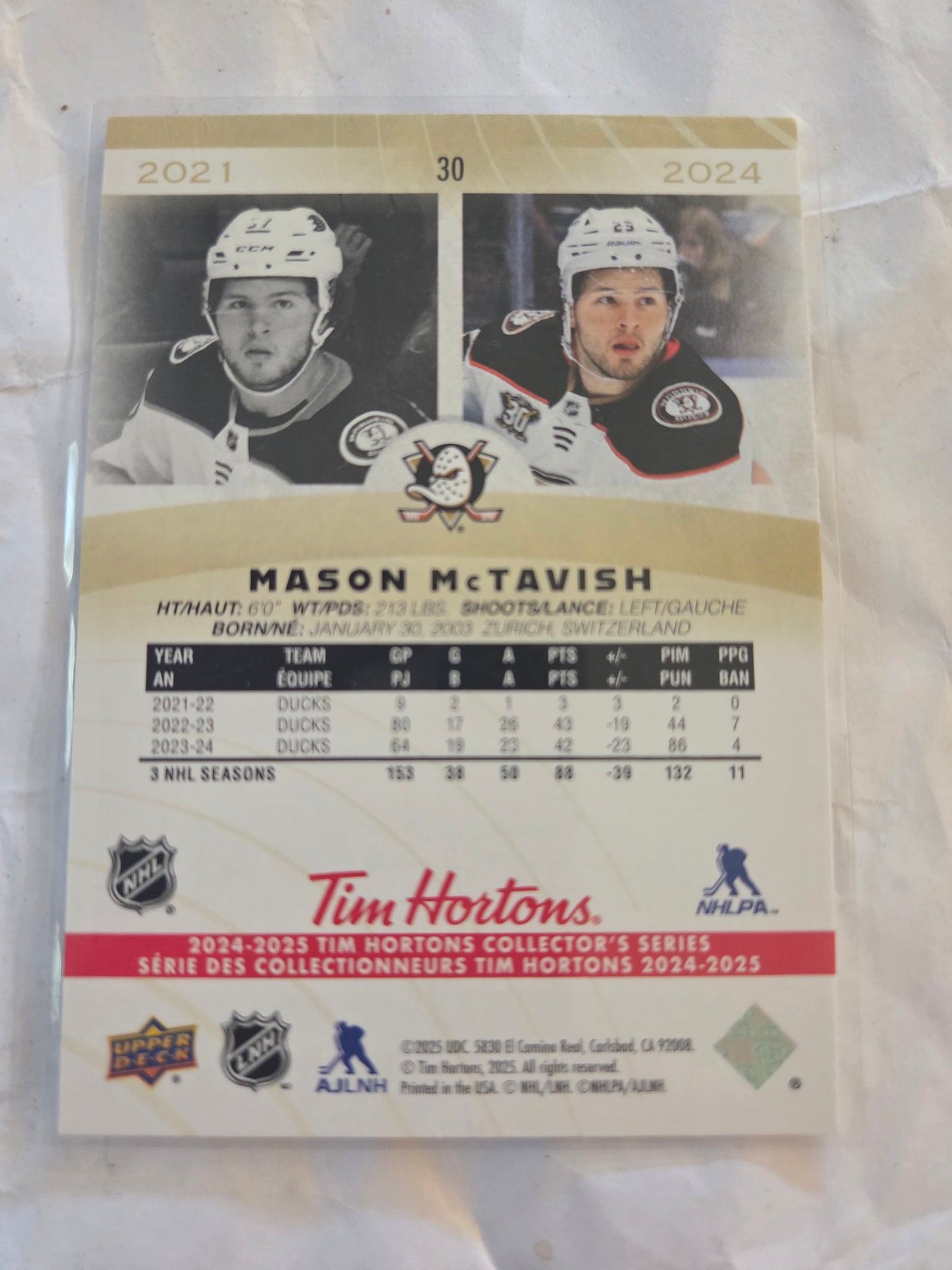 Mason McTavish Upper Deck Tim Hortons #30 [Anaheim Ducks]