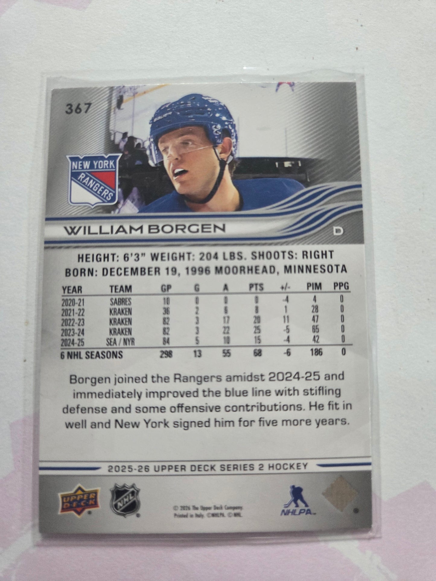 William Borgen Upper Deck Series 2 #367 [New York Rangers]