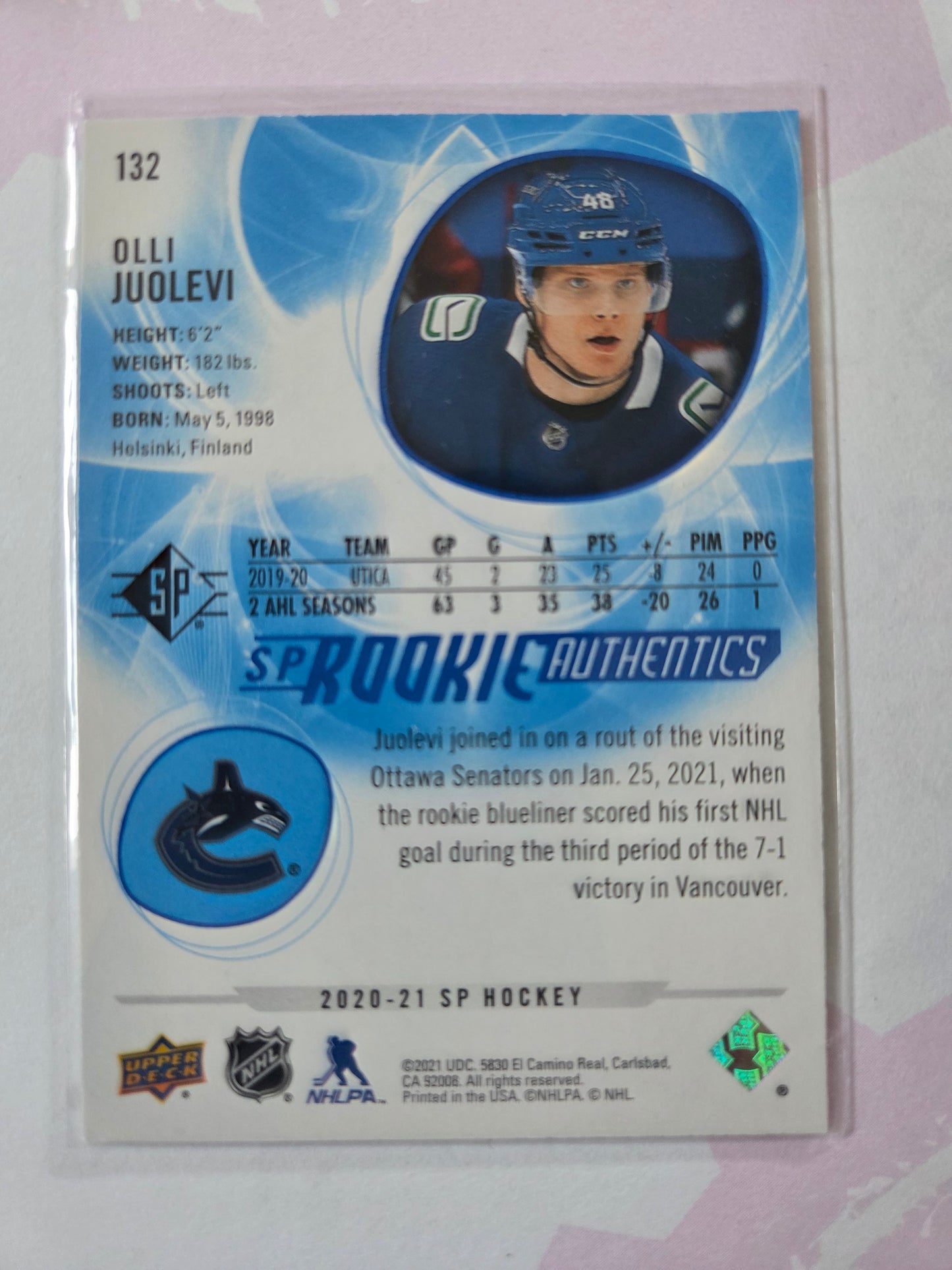 Olli Juolevi SP Hockey Blue Rookie Authentics #132 [Vancouver Canucks]
