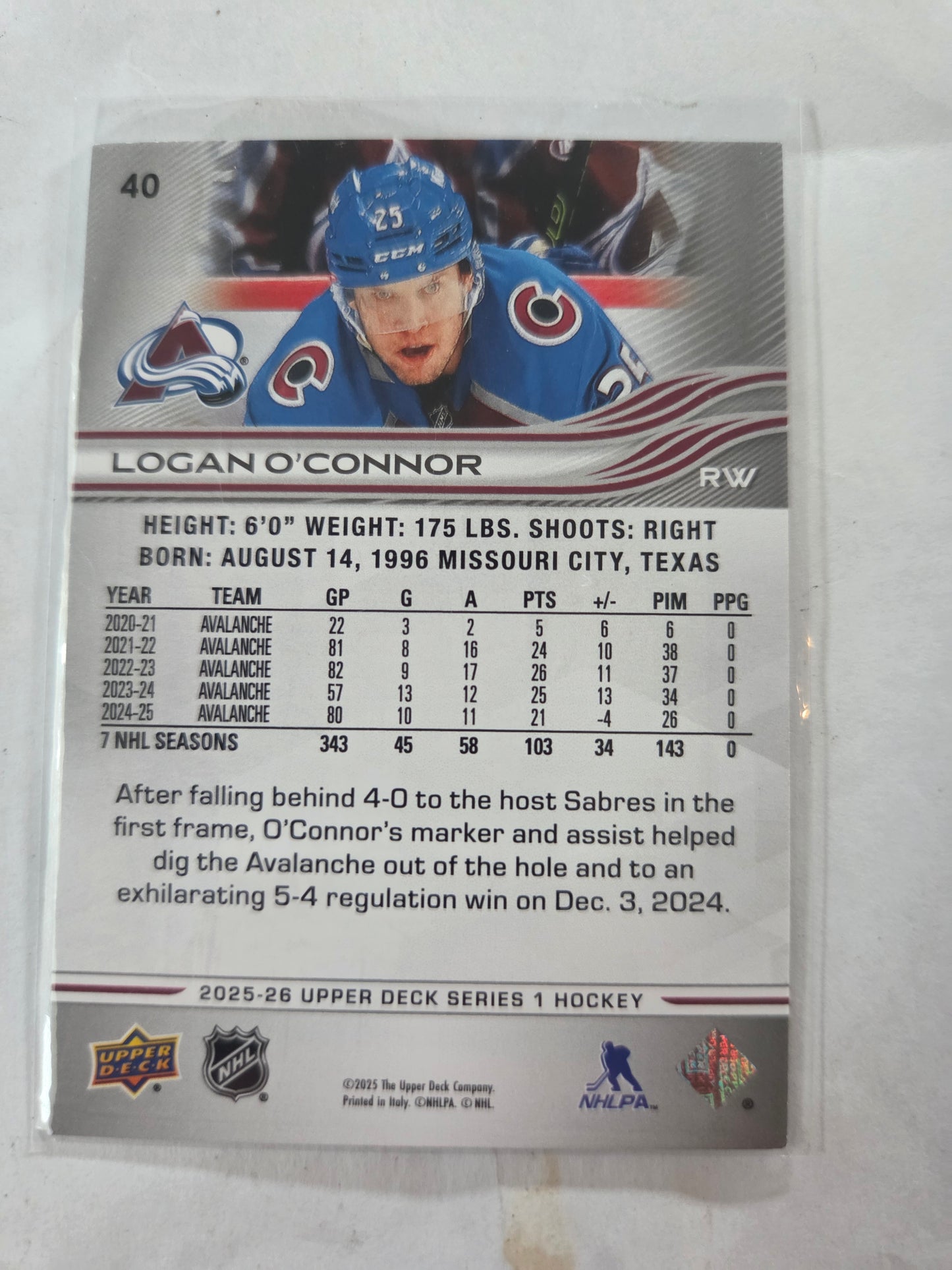Logan O'Connor Upper Deck Series 1 #40 [Colorado Avalanche]