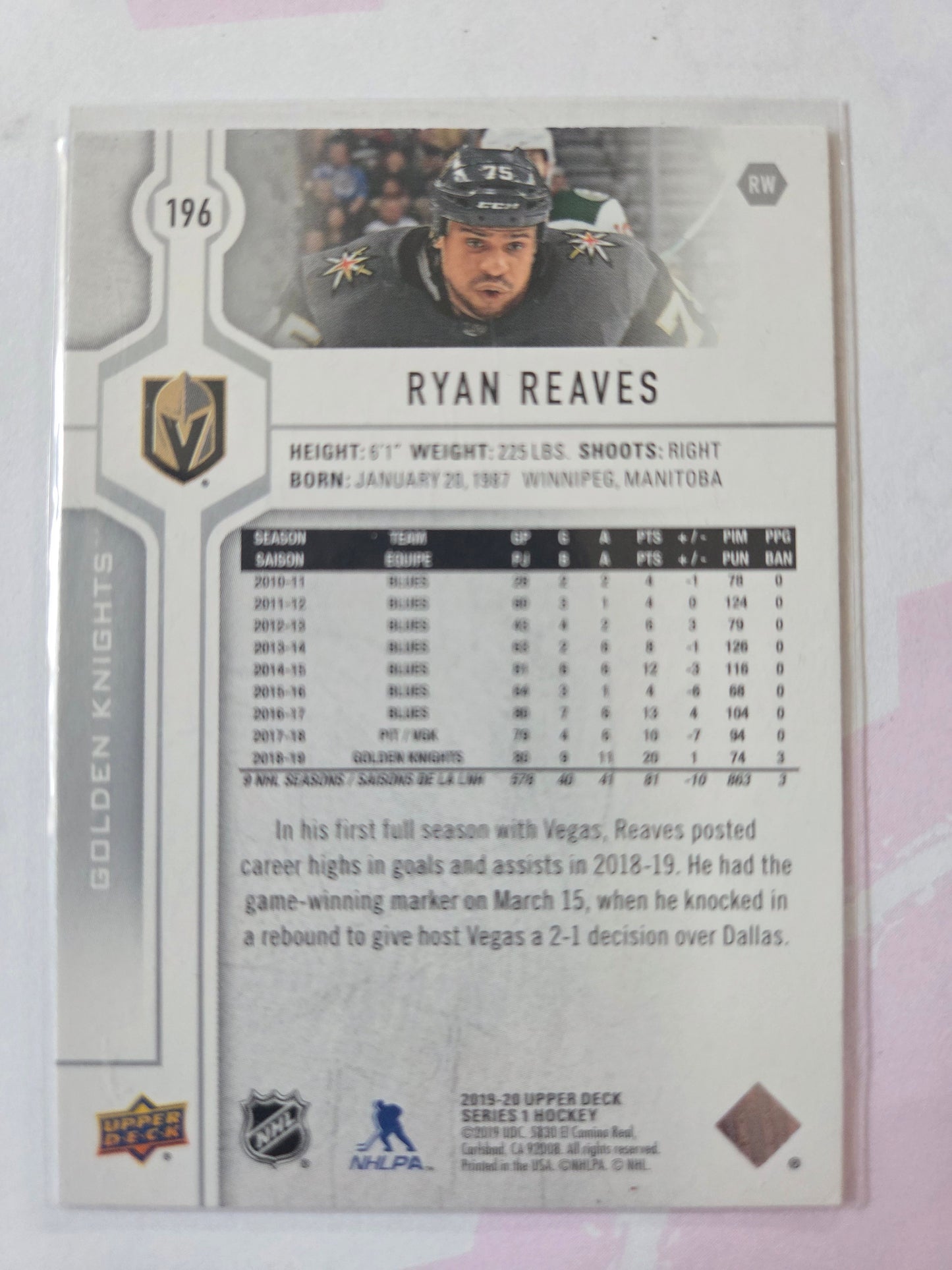 Ryan Reaves Upper Deck Series 1 #196 [Las Vegas Golden Knights]