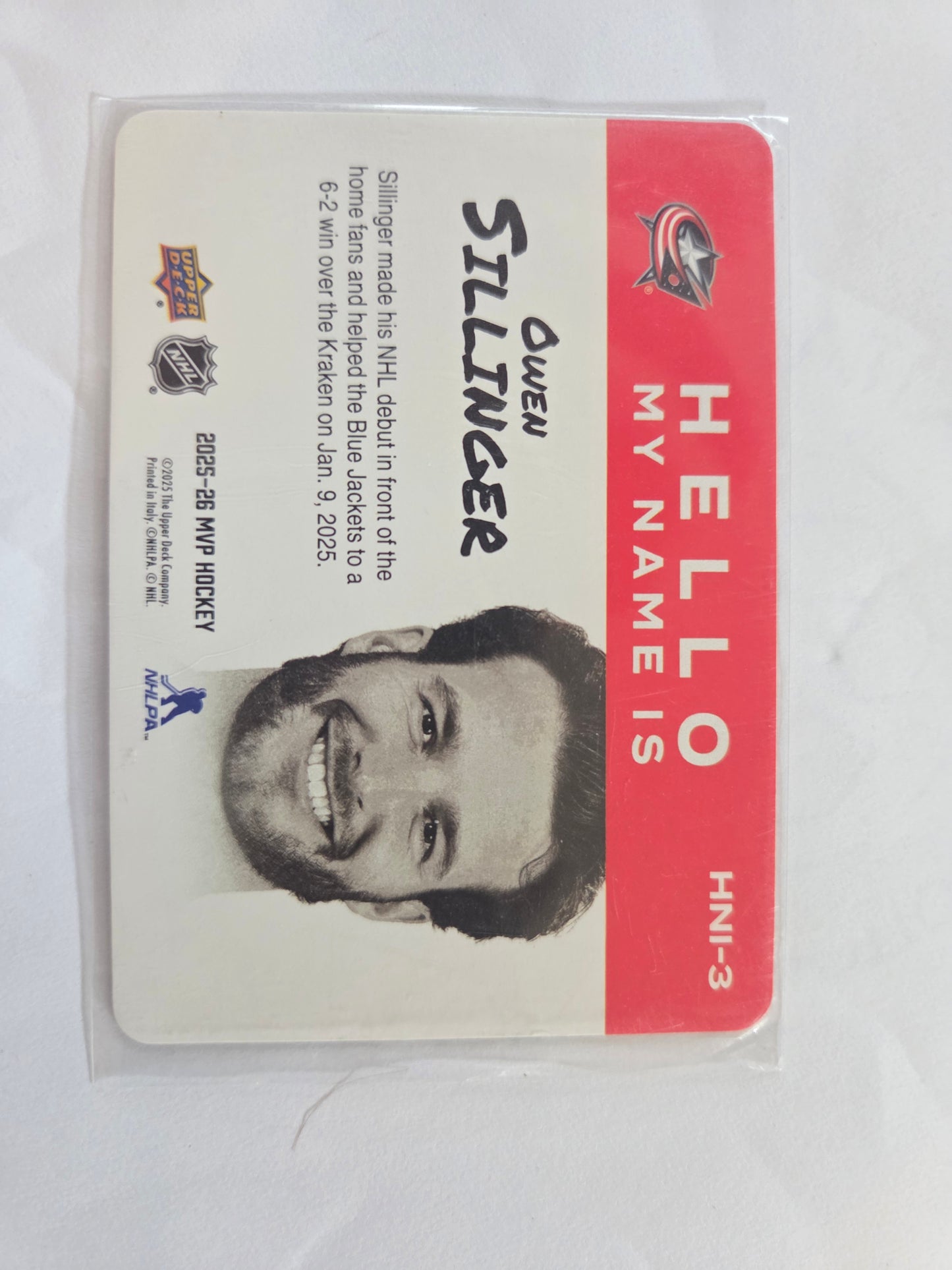 Owen Sillinger Upper Deck MVP Hockey Hello My Name Is [Columbus Blue Jackets]