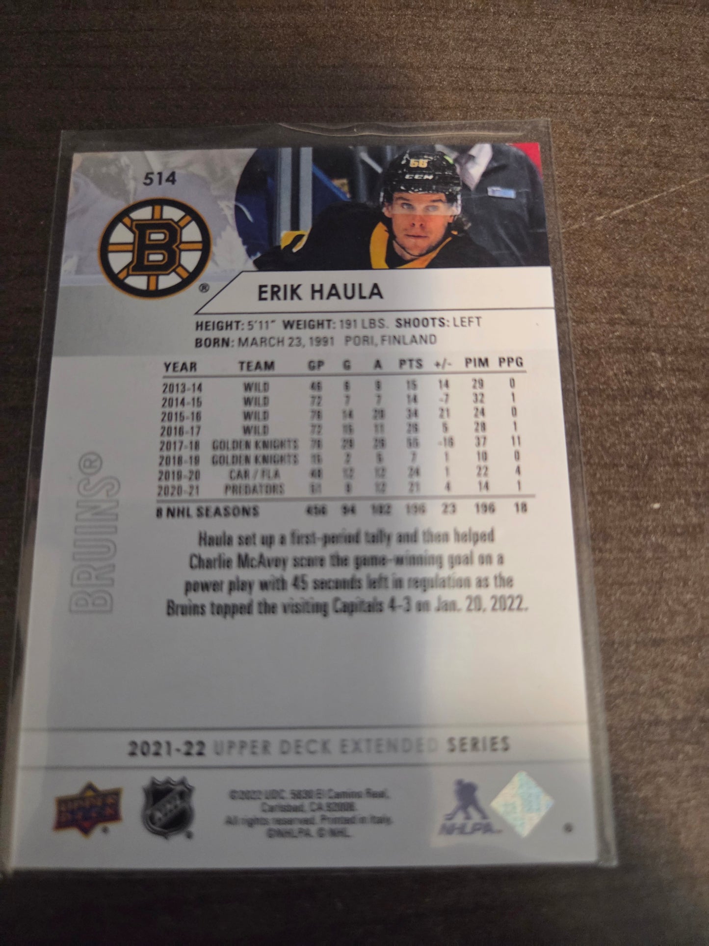 Erik Haula Upper Deck Extended Series #514 [Boston Bruins]