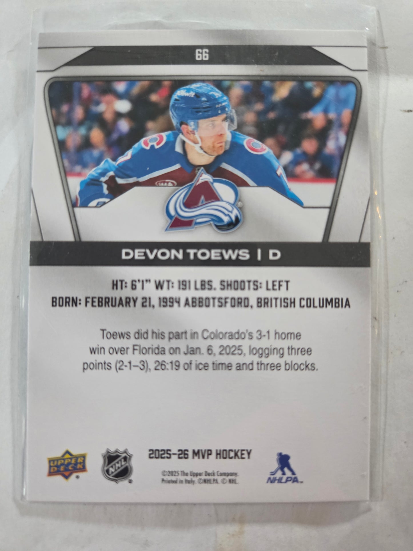 Devon Toews Upper Deck MVP Hockey #66 [Colorado Avalanche]