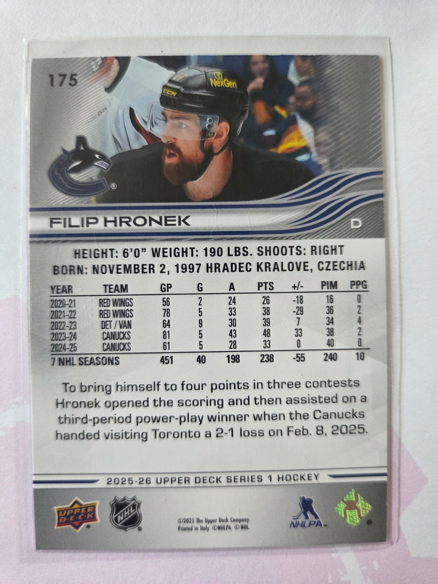 Filip Hronek Upper Deck Series 1 #175 [Vancouver Canucks]