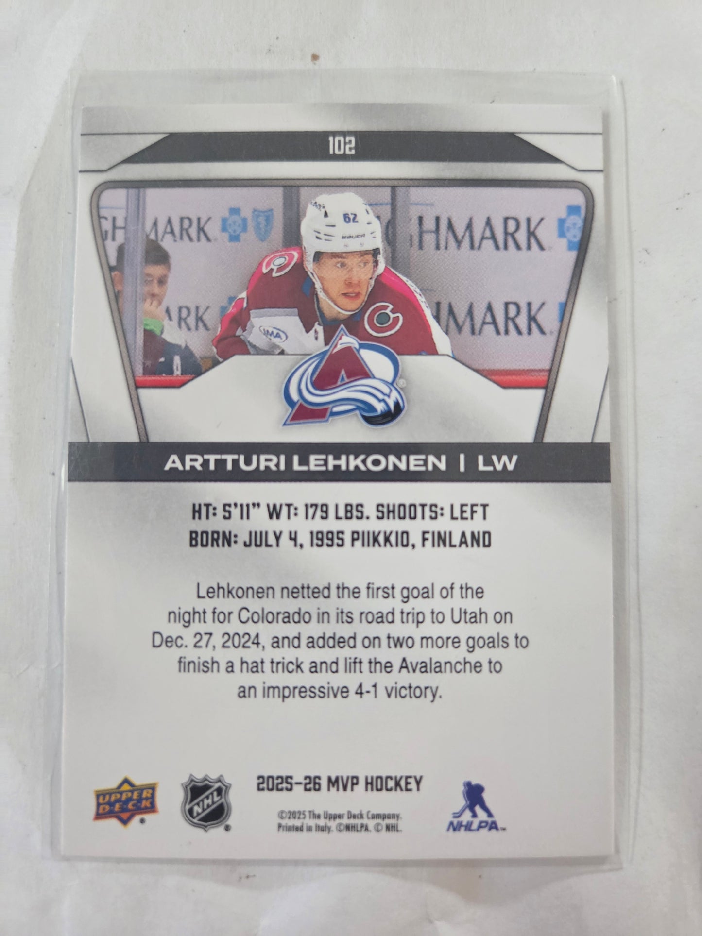 Artturi Lehkonen Upper Deck MVP Hockey #102 [Colorado Avalanche]