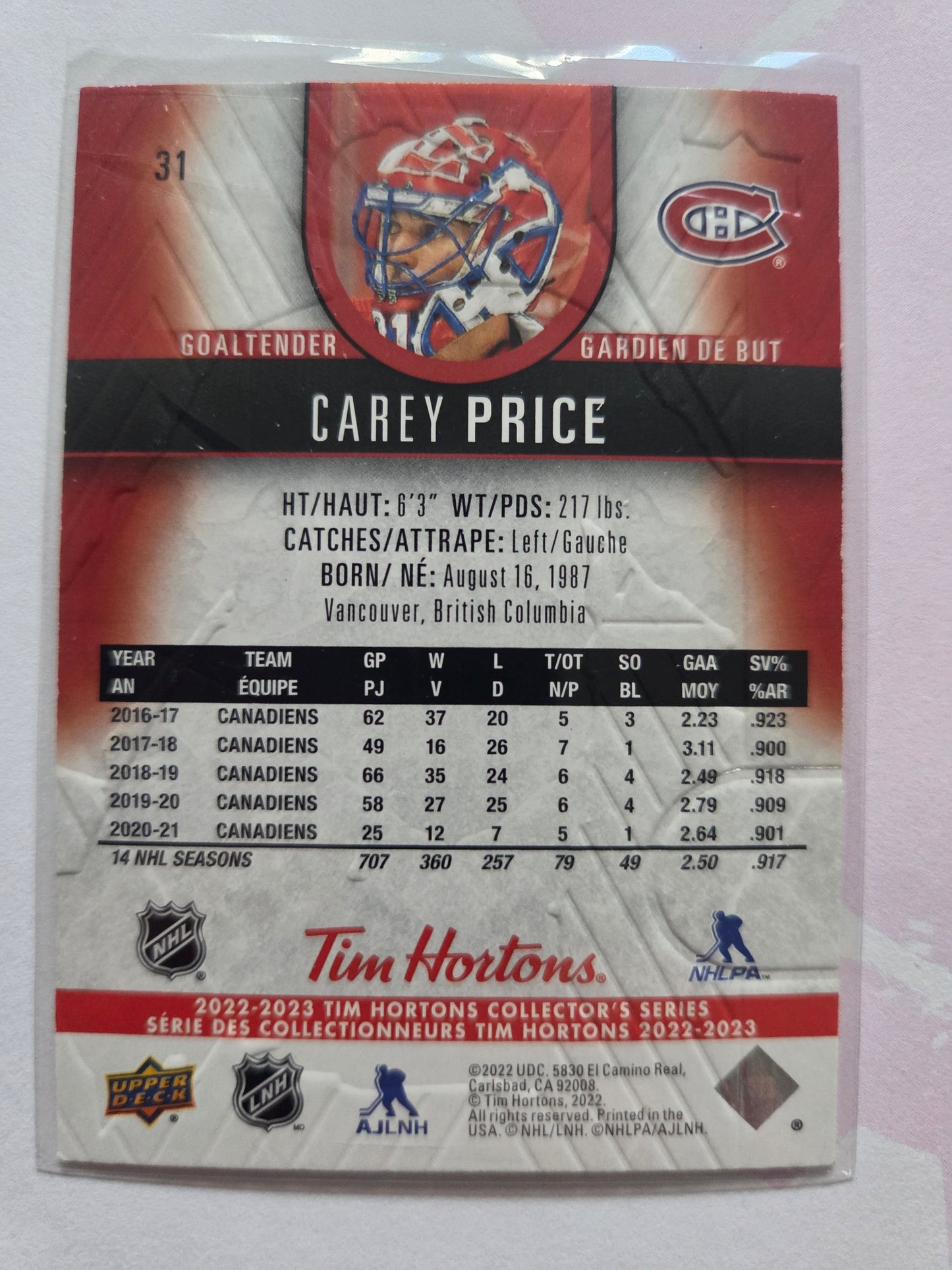 Carey Price Upper Deck Tim Hortons #31 [Montreal Canadians]