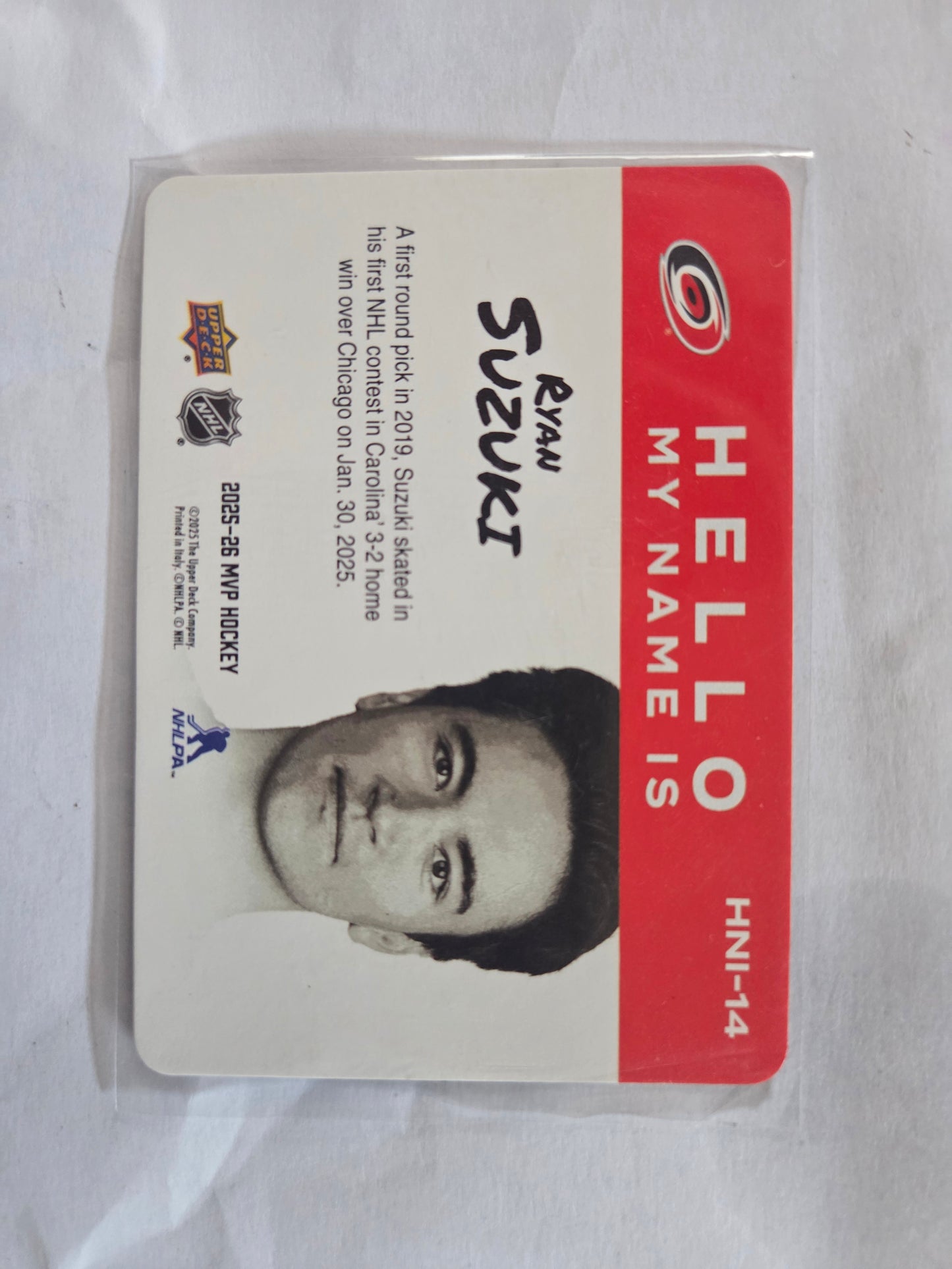 Ryan Suzuki Upper Deck MVP Hockey Hello My Name Is [Carolina Hurricanes]