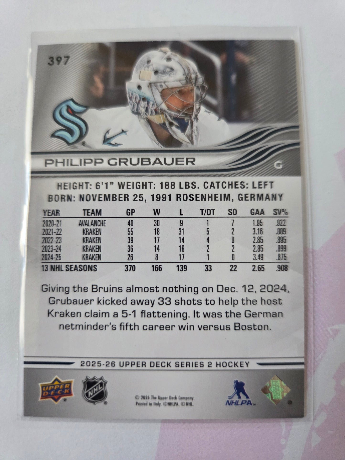 Philipp Grubauer Upper Deck Series 2 #397 [Seattle Kraken]