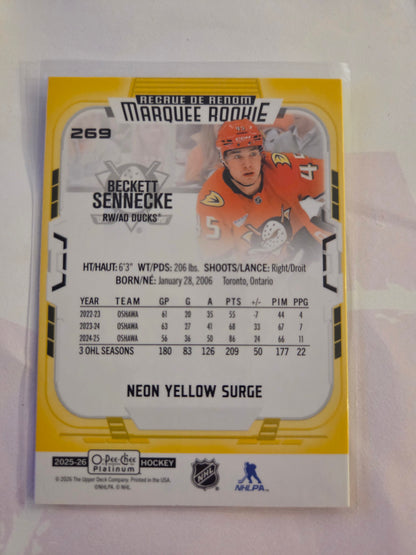 Beckett Sennecke O-Pee-Chee Platinum Hockey Neon Yellow Surge Marquee Rookie #269 [Anaheim Ducks]