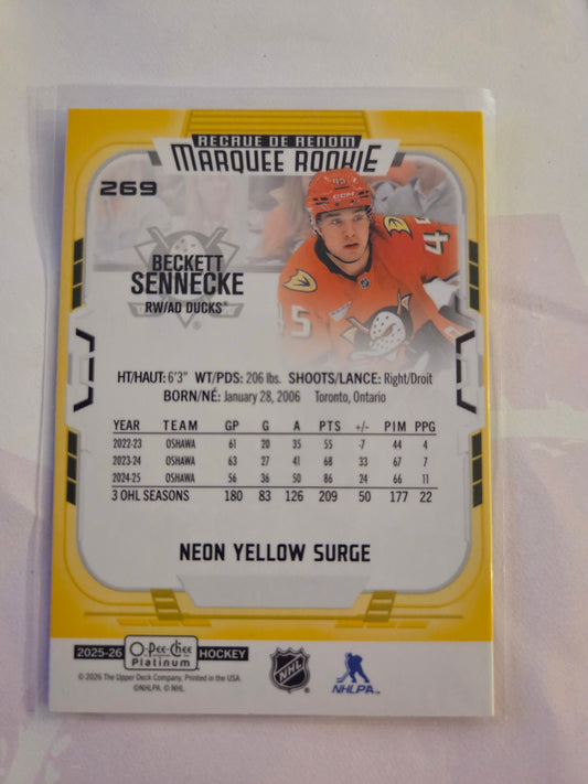 Beckett Sennecke O-Pee-Chee Platinum Hockey Neon Yellow Surge Marquee Rookie #269 [Anaheim Ducks]