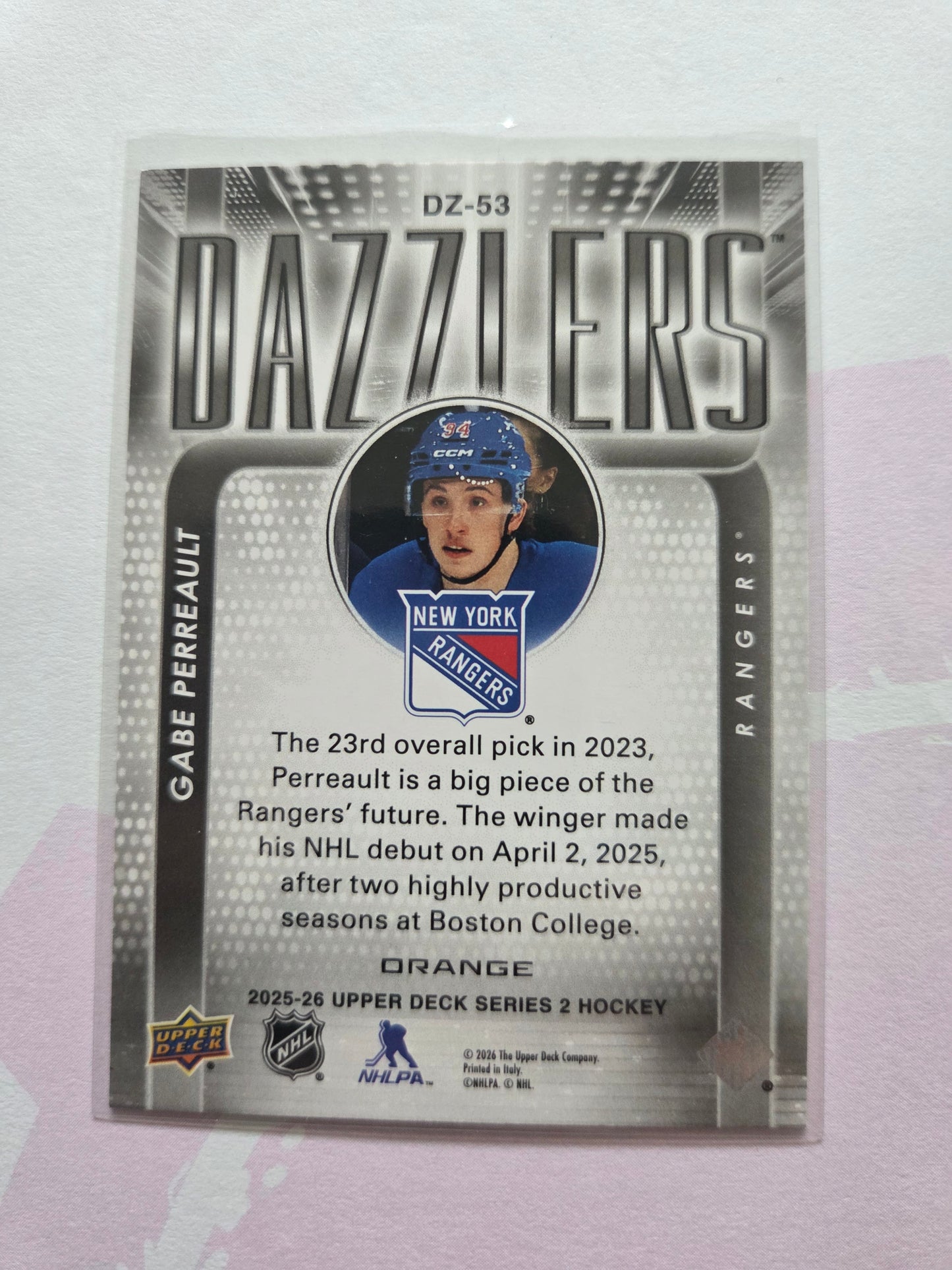 Gabe Perreault Upper Deck Series 2 Orange Dazzlers [New York Rangers]