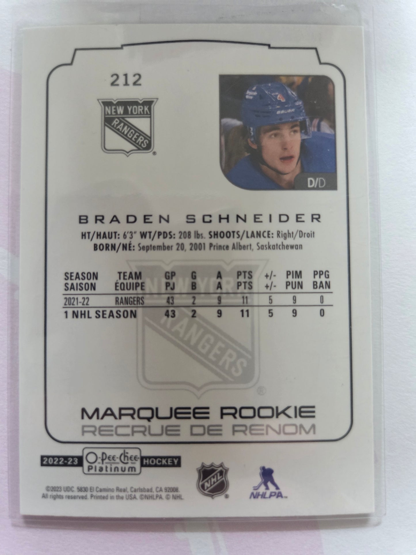 Braden Schneider O-Pee-Chee Platinum Hockey Marquee Rookie #212 [New York Rangers]