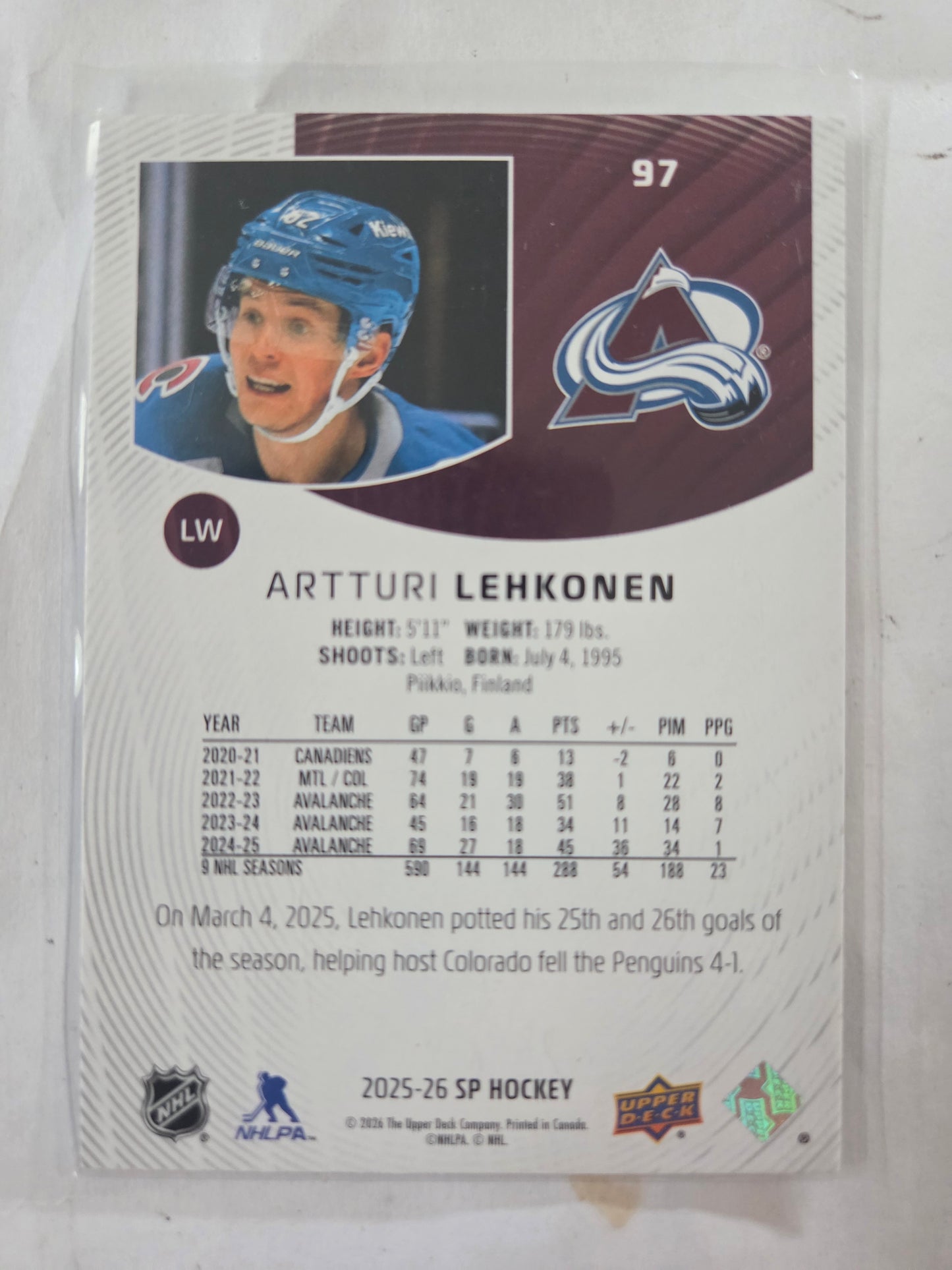 Artturi Lehkonen Upper Deck SP Hockey #97 [Colorado Avalanche]