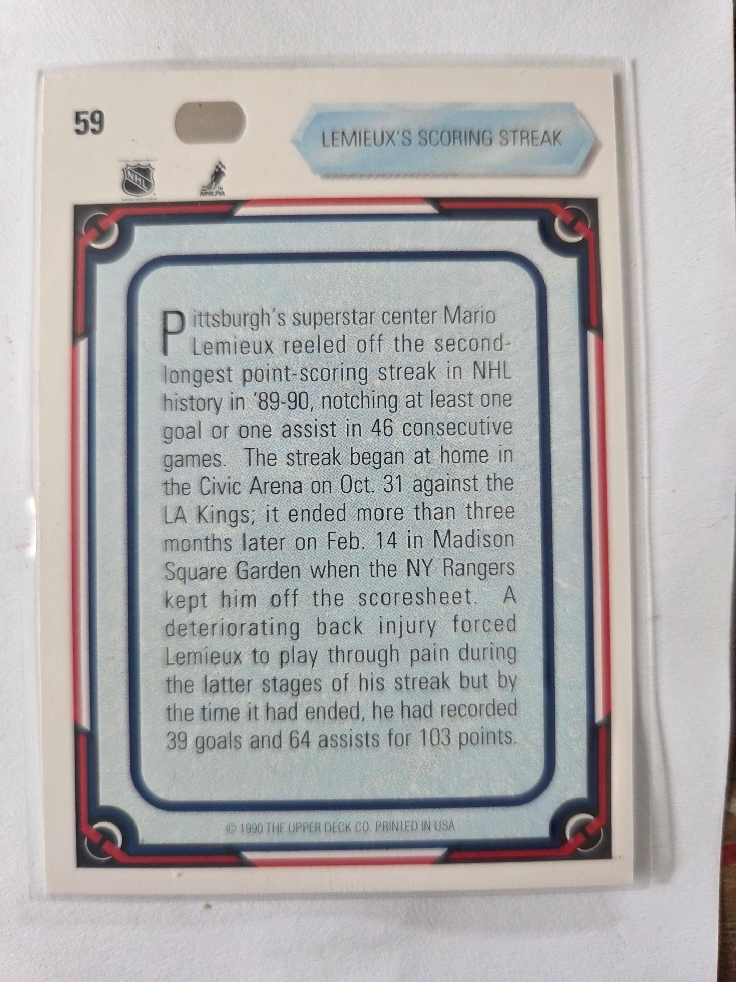 Mario Lemieux 90/91 Upper Deck Lemieux's Scoring Streak #59 [Pittsburgh Penguins]