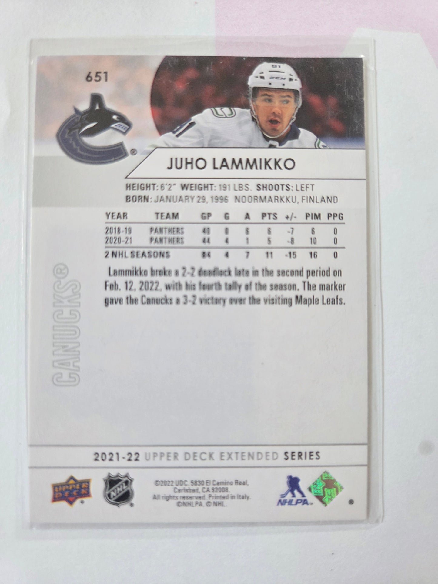 Juho Lammikko Upper Deck Extended Series #651 [Vancouver Canucks]