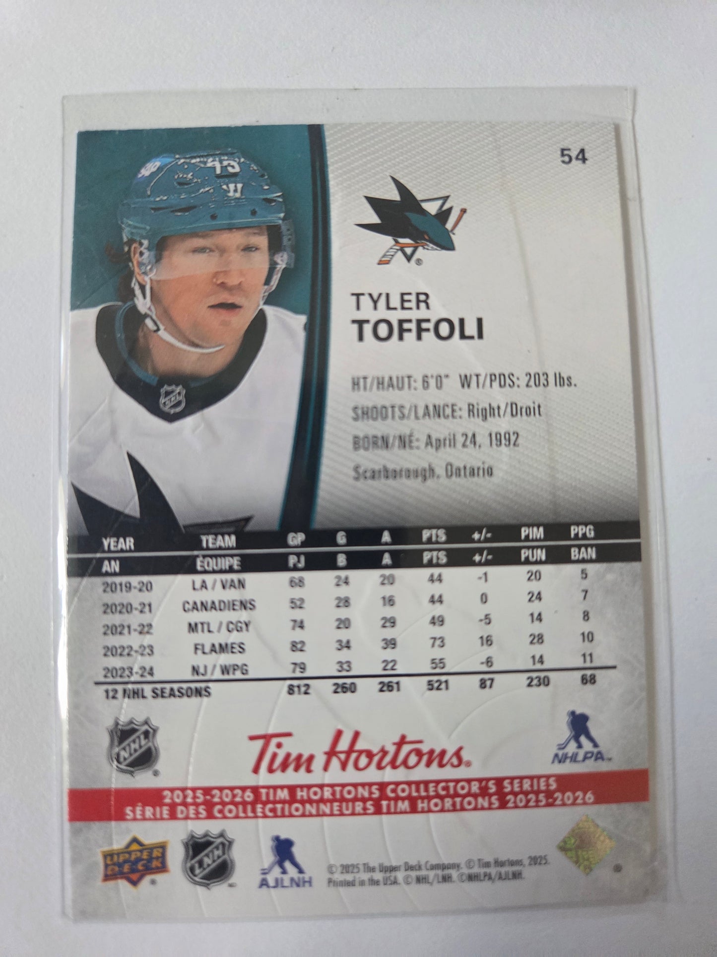 Tyler Toffoli Upper Deck Tim Hortons #54 [San Jose Sharks]