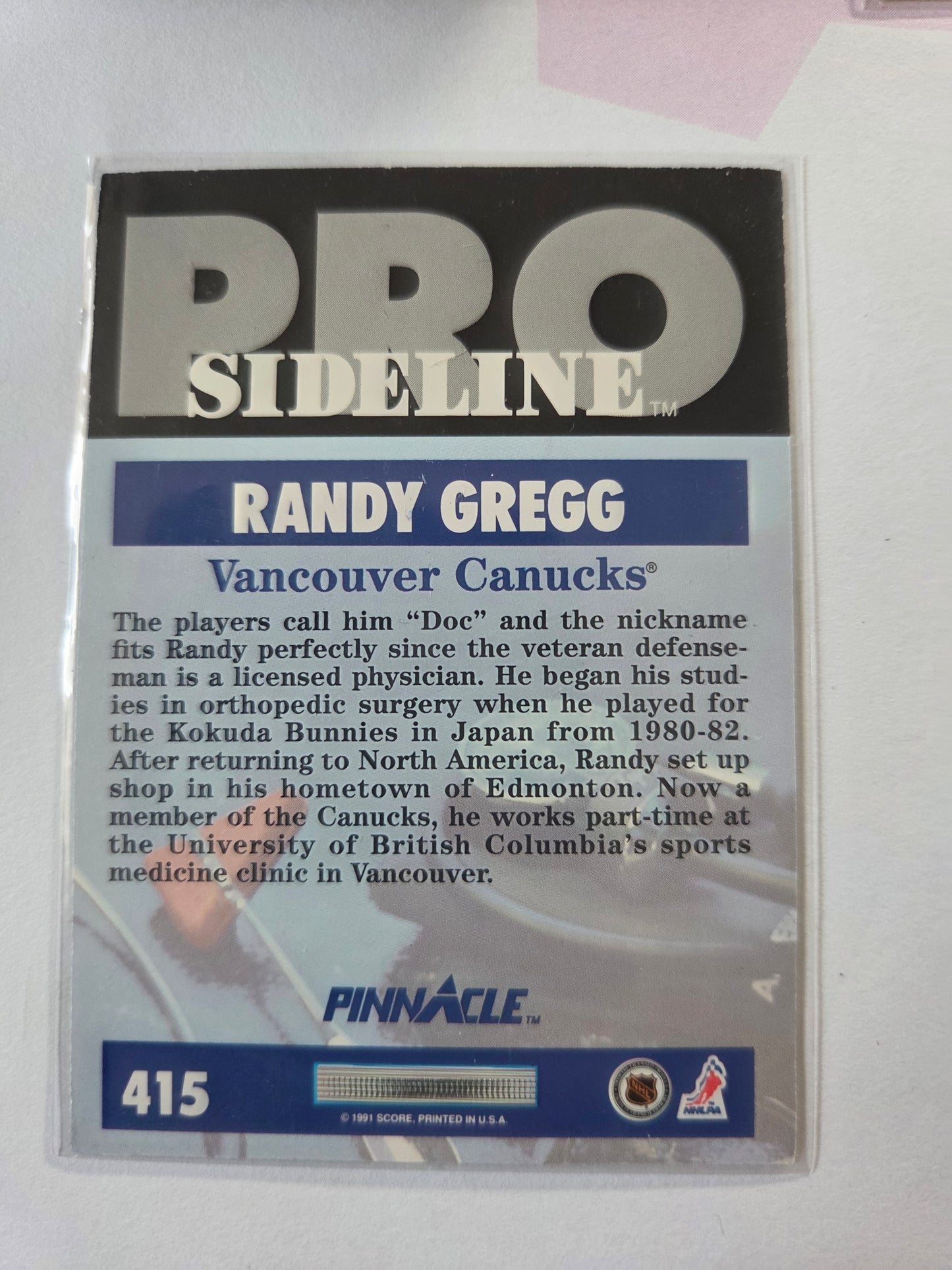 Randy Gregg Pinnacle Pro Sideline #415 [Vancouver Canucks]