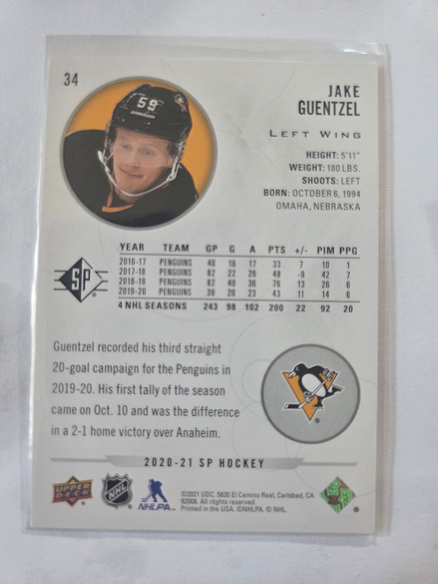 Jake Guentzel SP Hockey #34 [Pittsburgh Penguins]