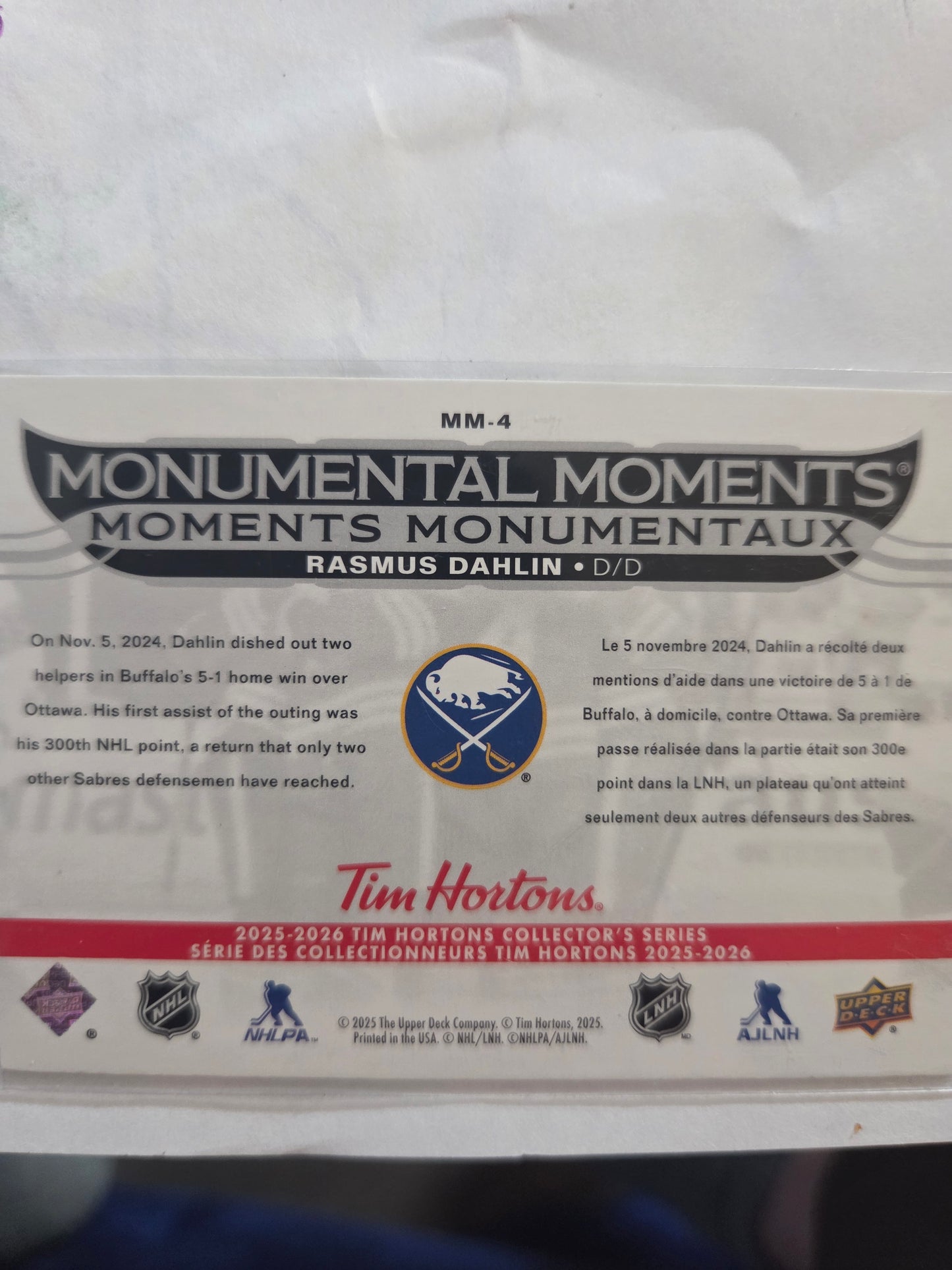 Rasmus Dahlin Upper Deck Moments [Buffalo Sabres]