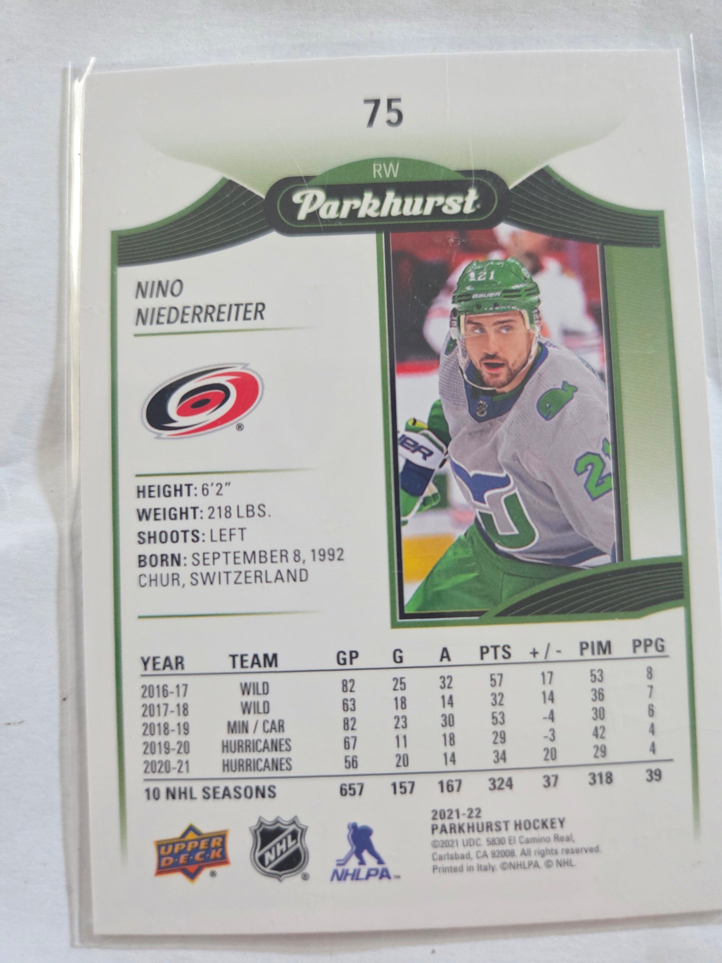 Nino Niederreiter Upper Deck Parkhurst Hockey #75 [Carolina Hurricanes]