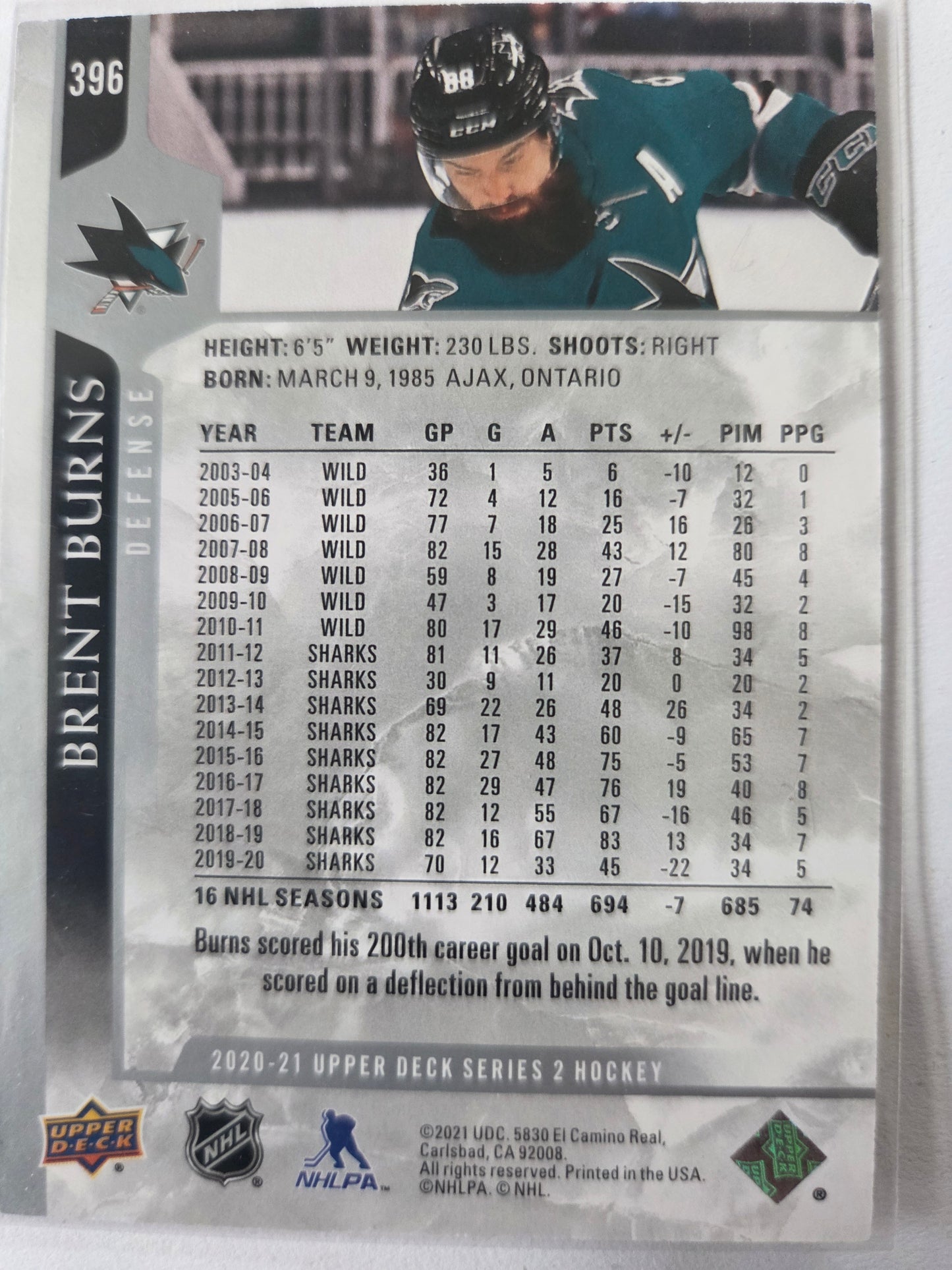 Brent Burns Upper Deck Series 2 #396 [San Jose Sharks]