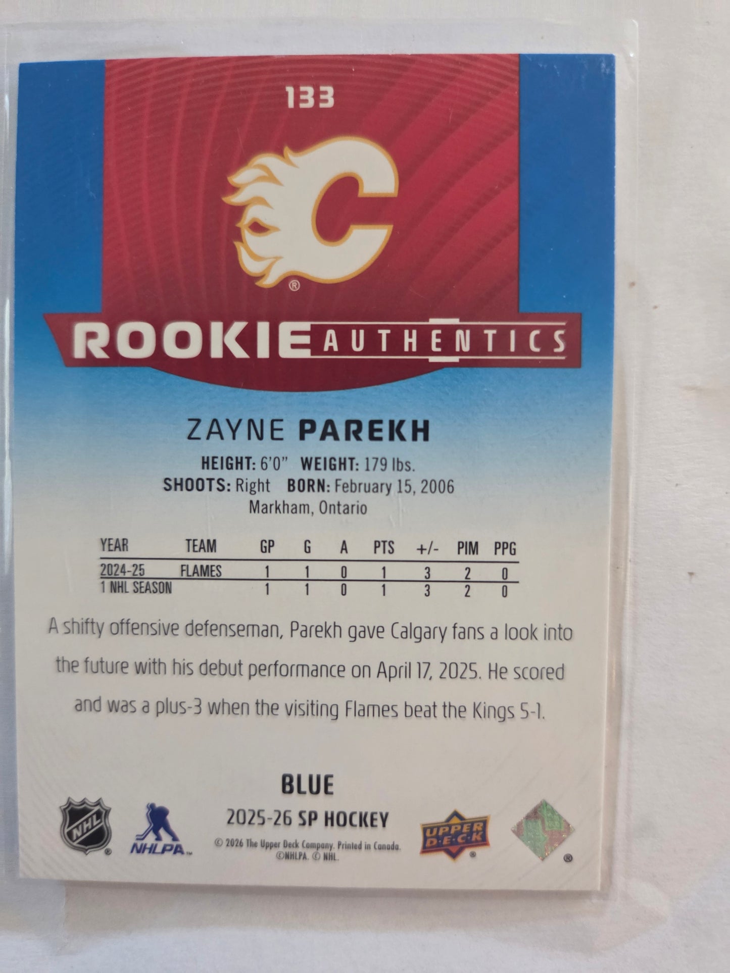 Zayne Parekh Blue SP Hockey Rookie Authentics #133 [Calgary Flames]