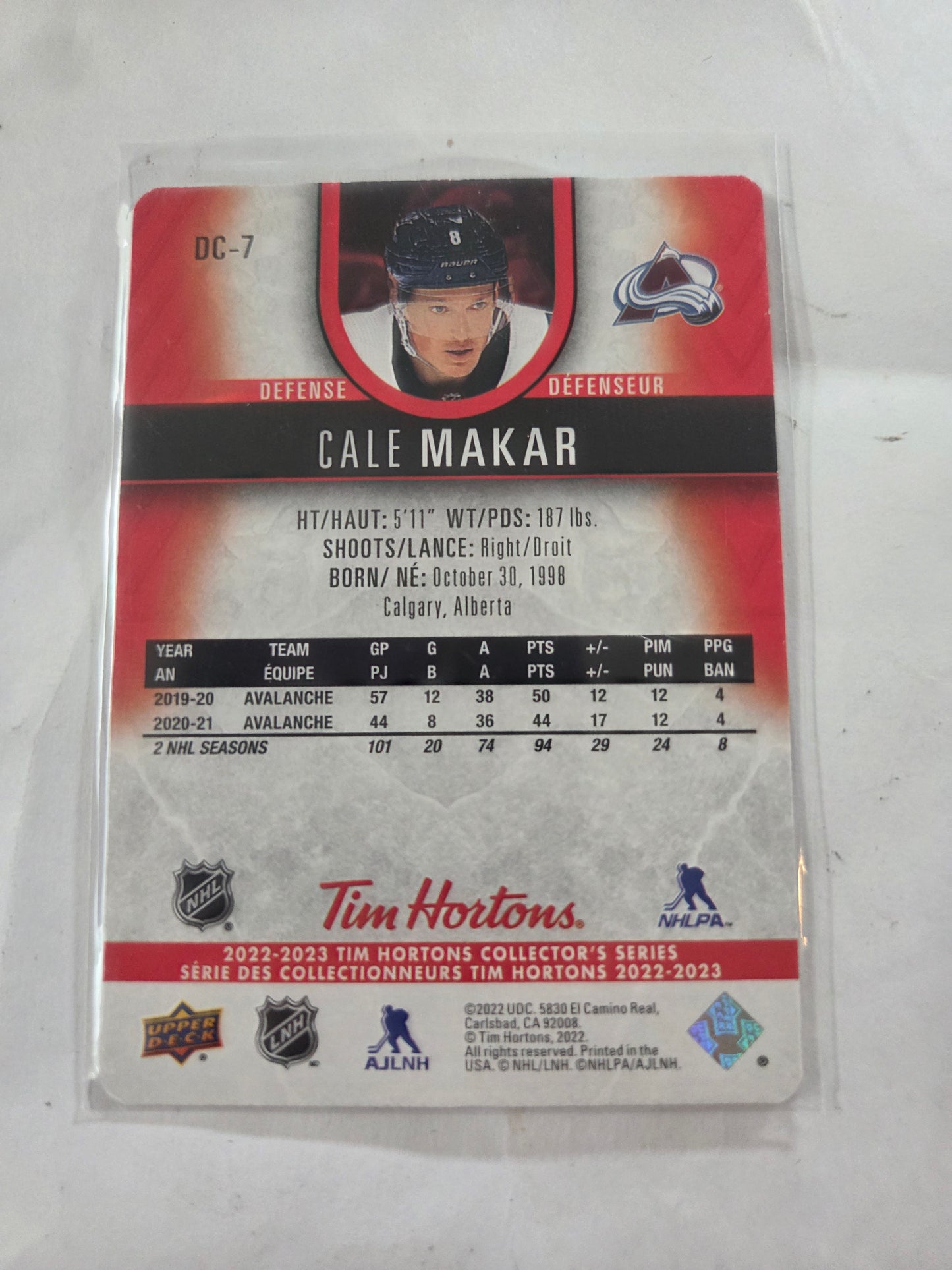 Cale Makar Red Upper Deck Tim Hortons [Colorado Avalanche]