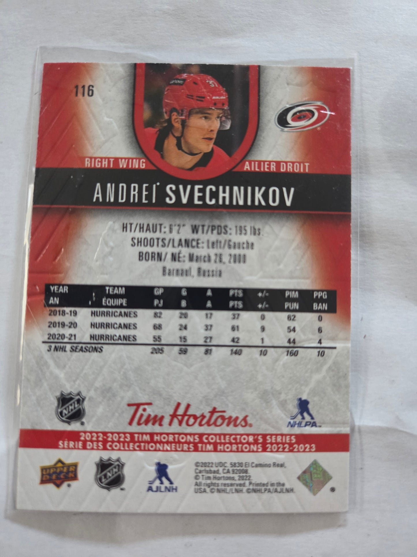 Andrei Svechnikov Upper Deck Tim Hortons #116 [Carolina Hurricanes]