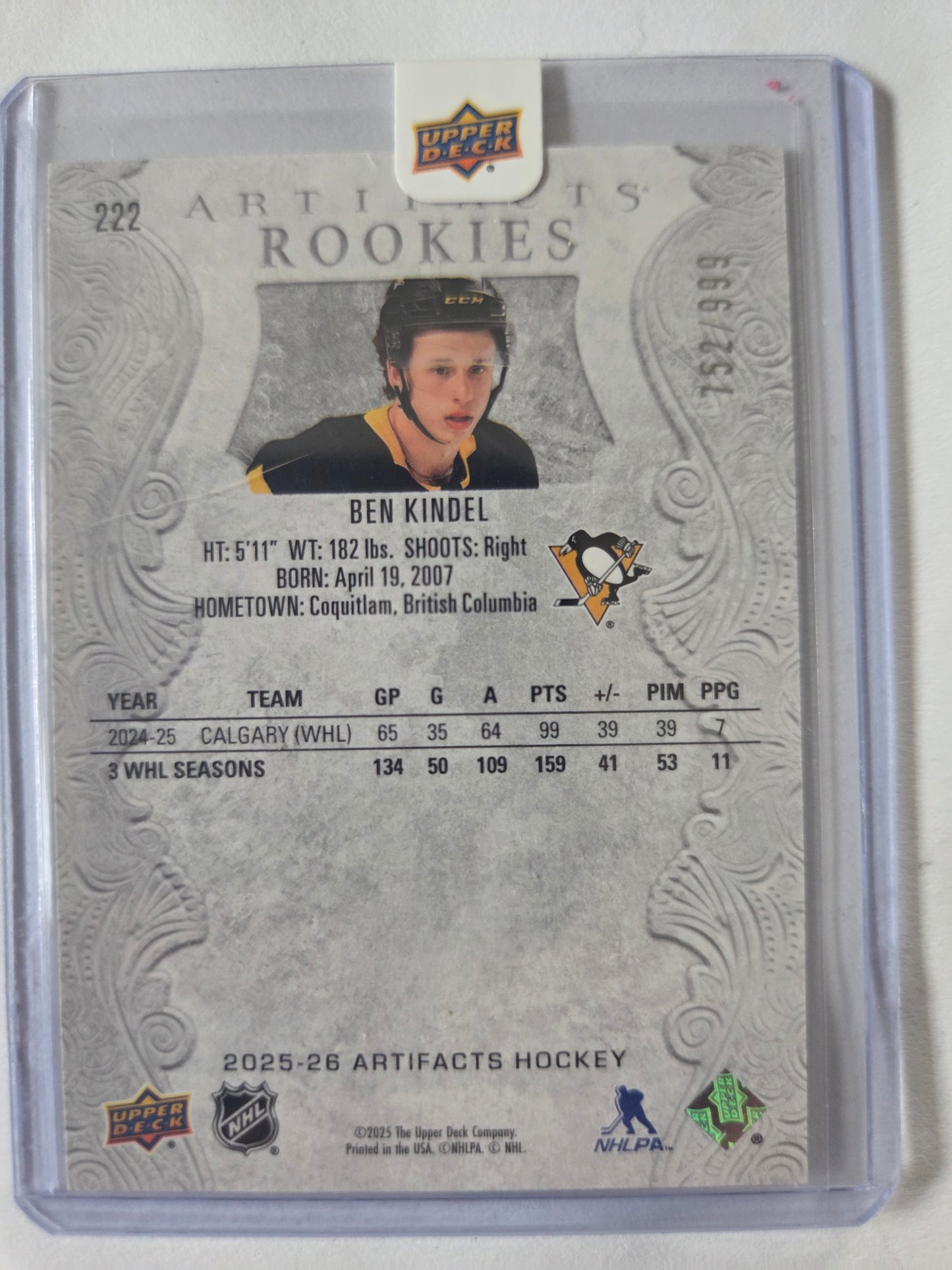 Ben Kindel Upper Deck Artifacts Hockey Rookies 752/999 #222 [Pittsburgh Penguins]