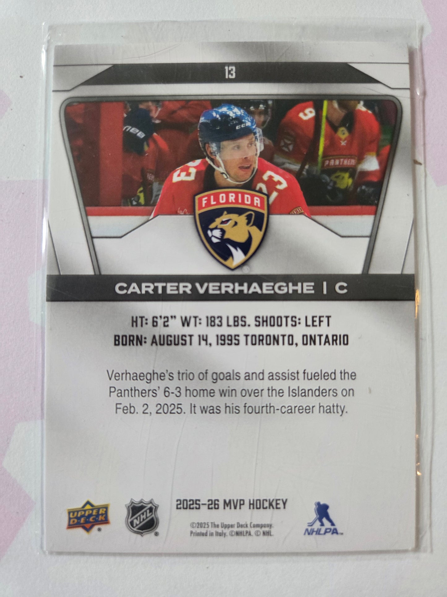 Carter Verhaeghe Upper Deck MVP Hockey #13 [Florida Panthers]