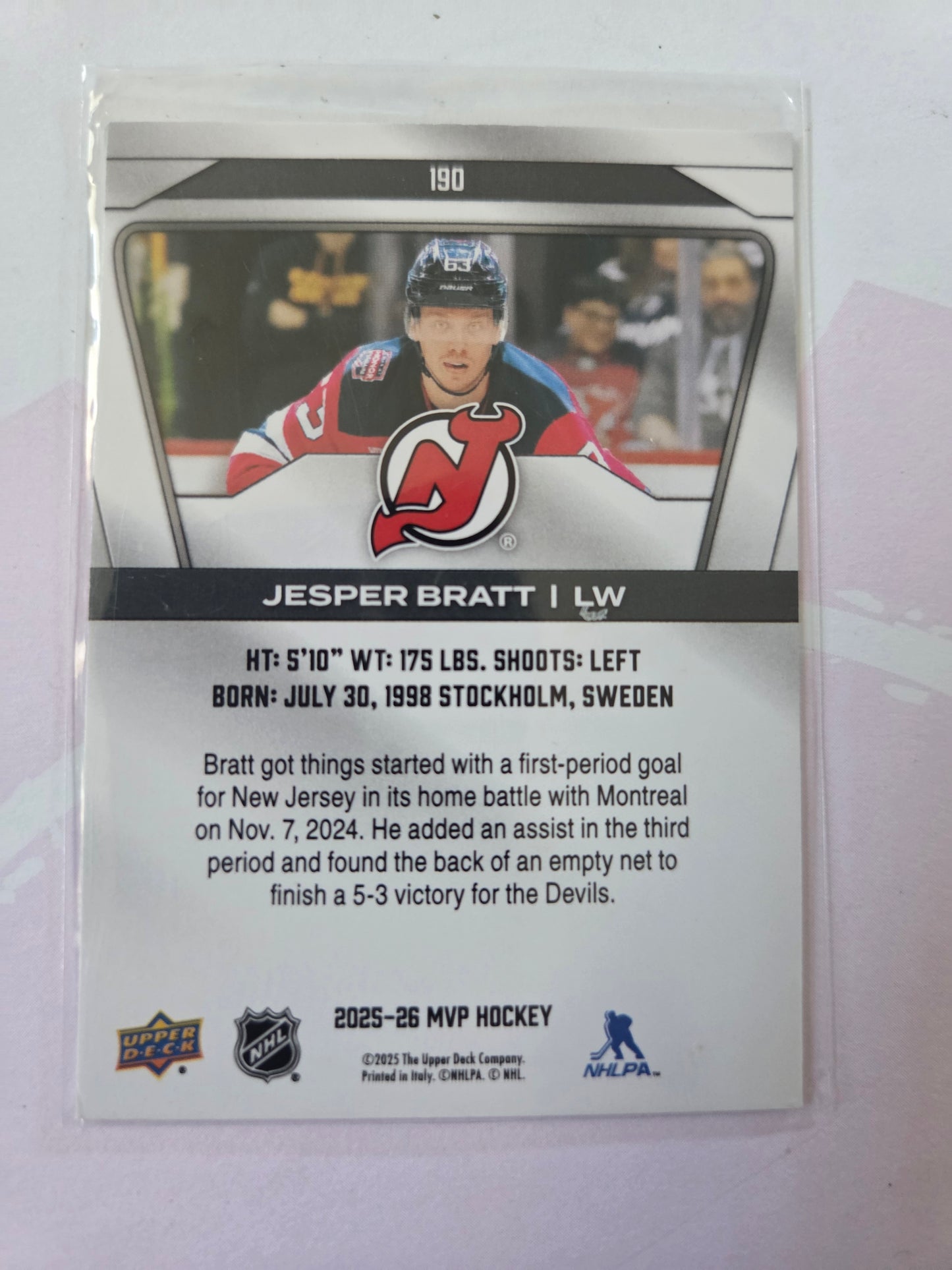 Jesper Bratt Upper Deck MVP Hockey #190 [New Jersey Devils]