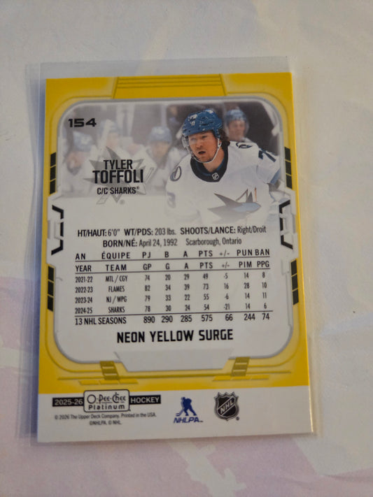 Tyler Toffoli O-Pee-Chee Platinum Hockey Neon Yellow Surge #154 [San Jose Sharks]