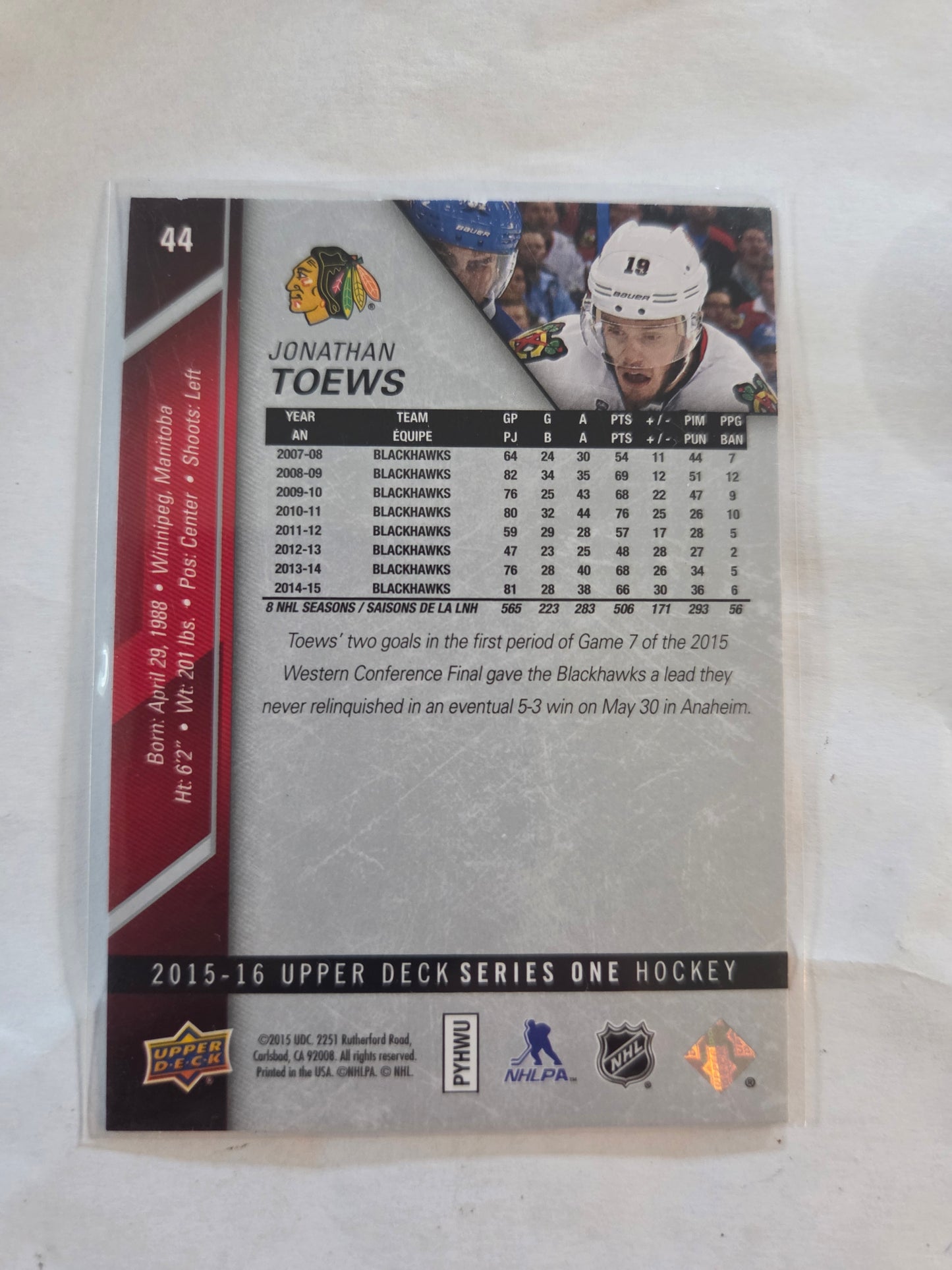 Jonathan Toews Upper Deck Series One Hockey #44 [Chicago Blackhawks]