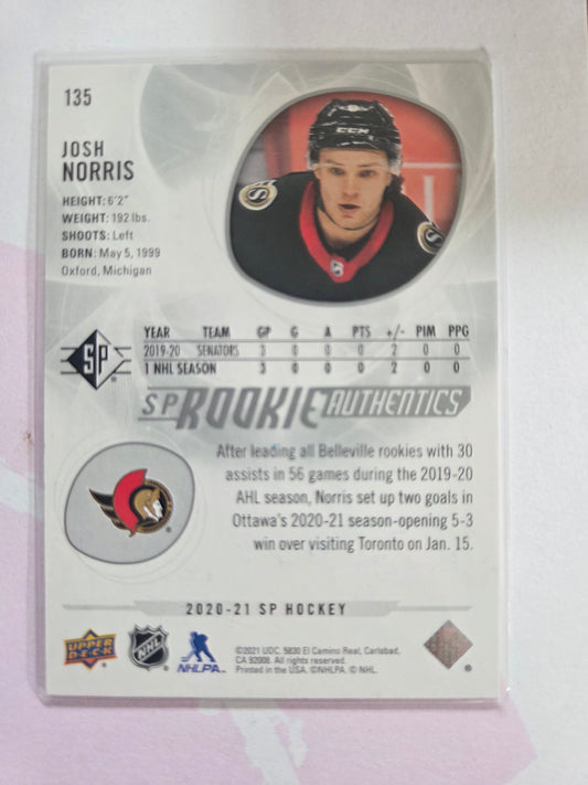 Josh Norris SP Hockey Silver Foil Rookie Authentics #135 [Ottawa Senators]