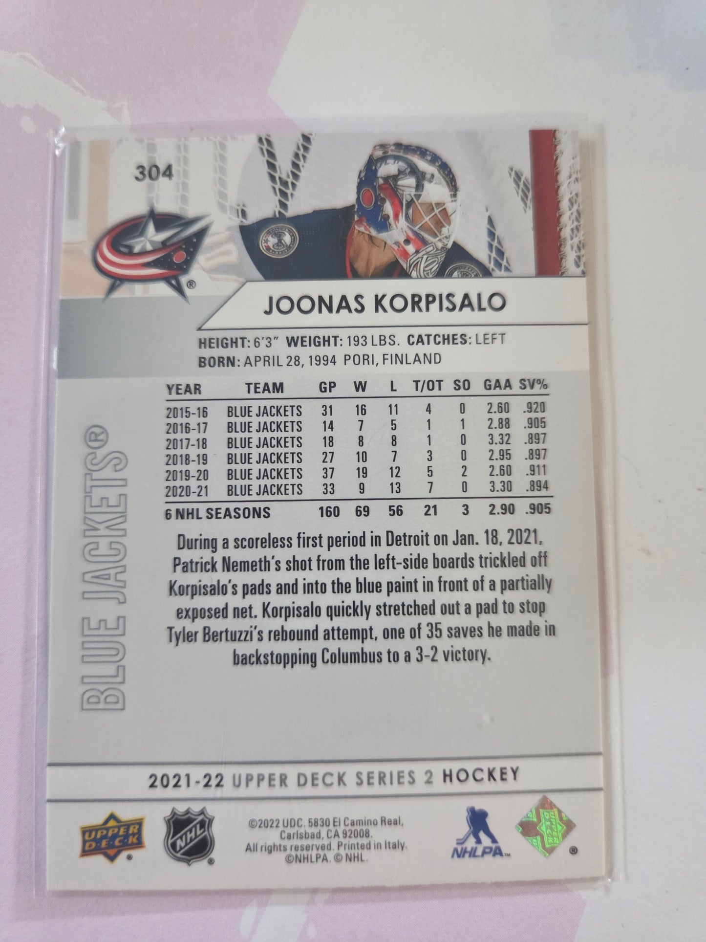 Joonas Korpisalo Upper Deck Series 2 #304 [Columbus Blue Jackets]