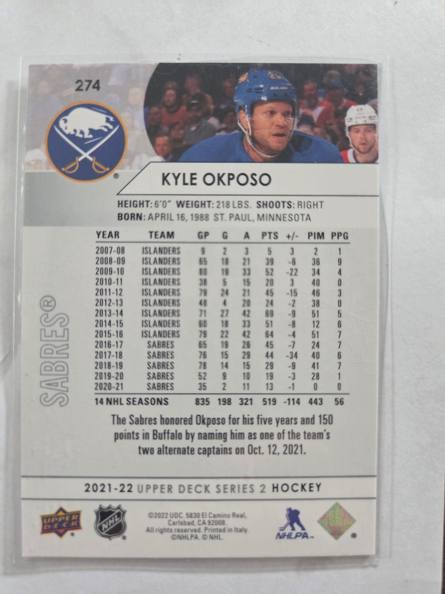 Kyle Okposo Upper Deck Series 2 #274 [Buffalo Sabres]