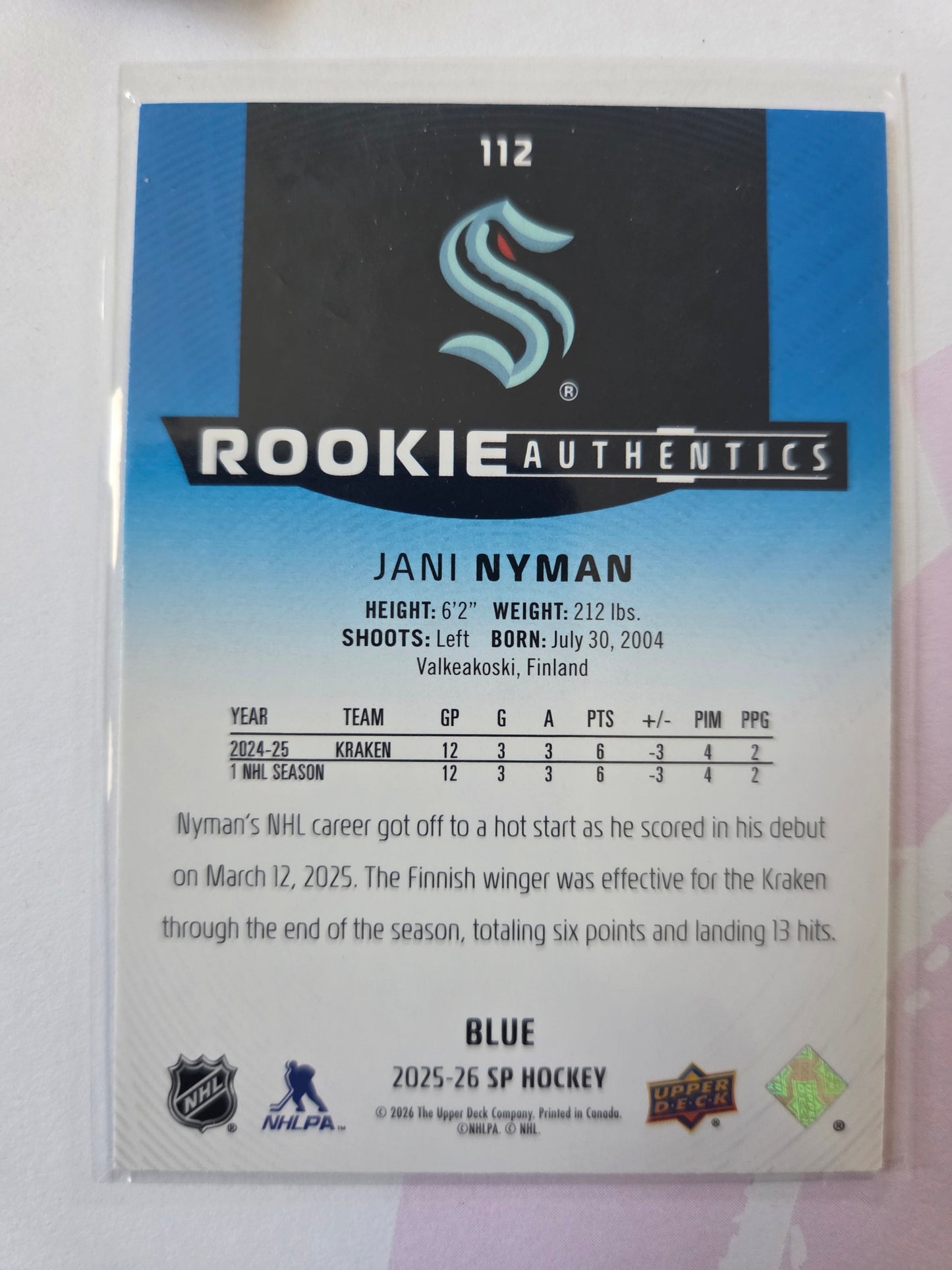 Jani Nyman Blue SP Hockey #112 Rookie Authentics [Seattle Kraken]