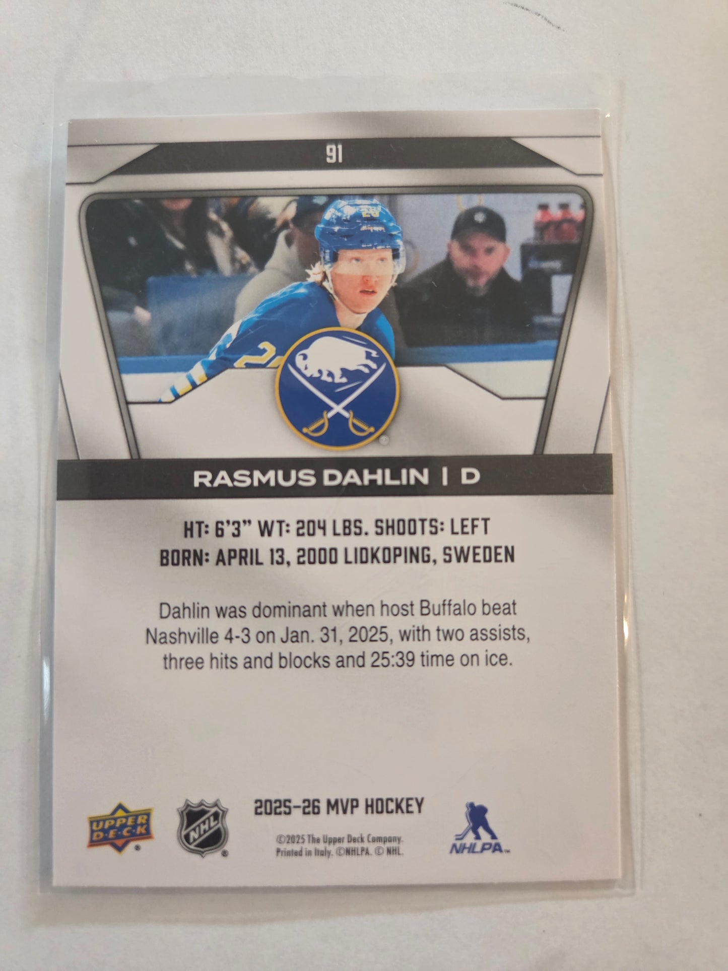 Rasmus Dahlin Upper Deck MVP Hockey #91 [Buffalo Sabres]