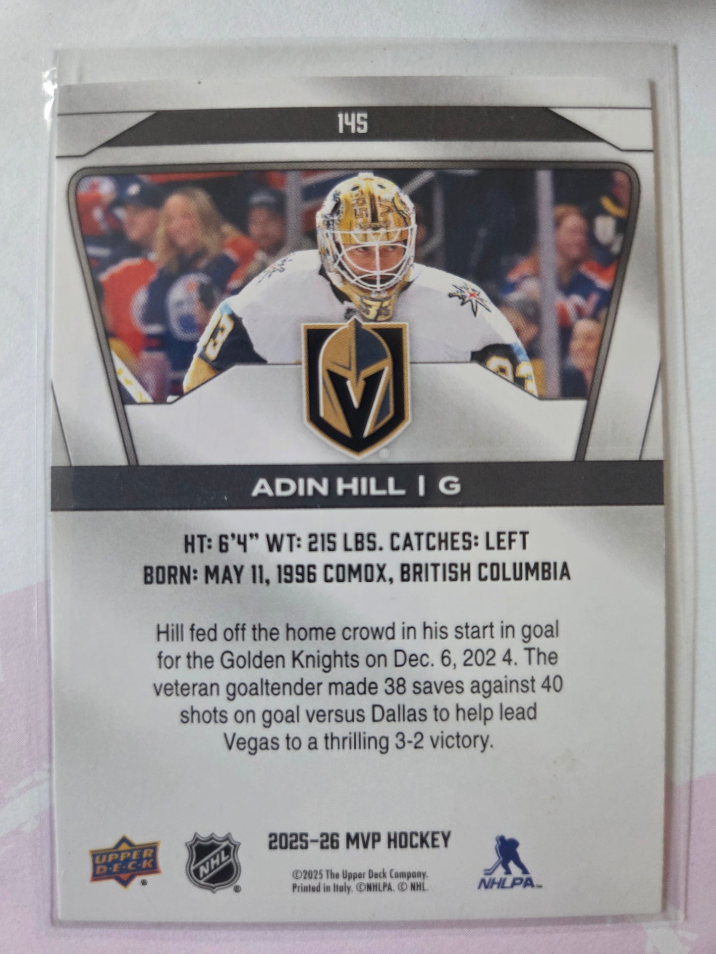 Adin Hill Upper Deck MVP Hockey #145 [Las Vegas Golden Knights]