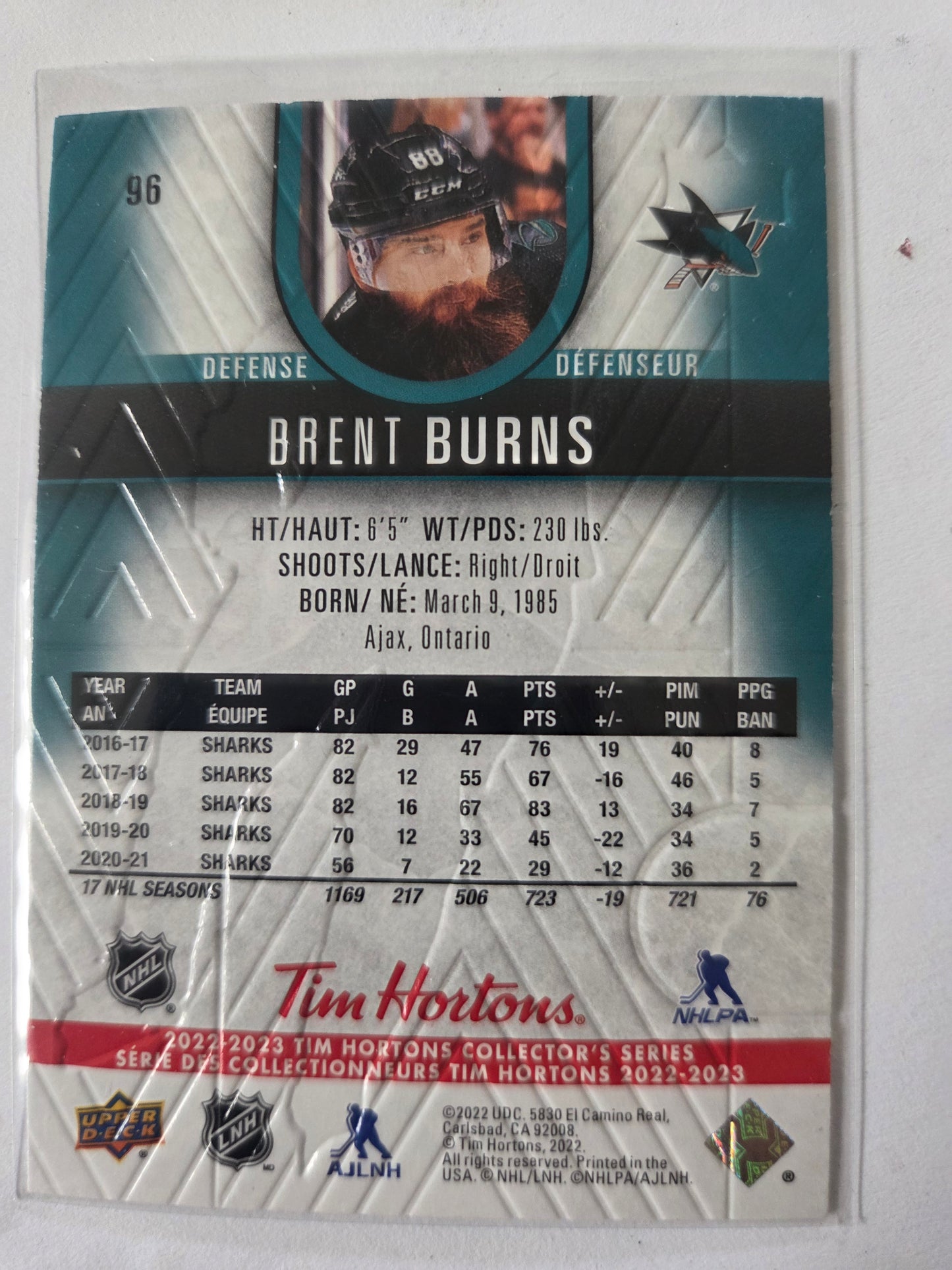 Brent Burns Upper Deck Tim Hortons #96 [San Jose Sharks]