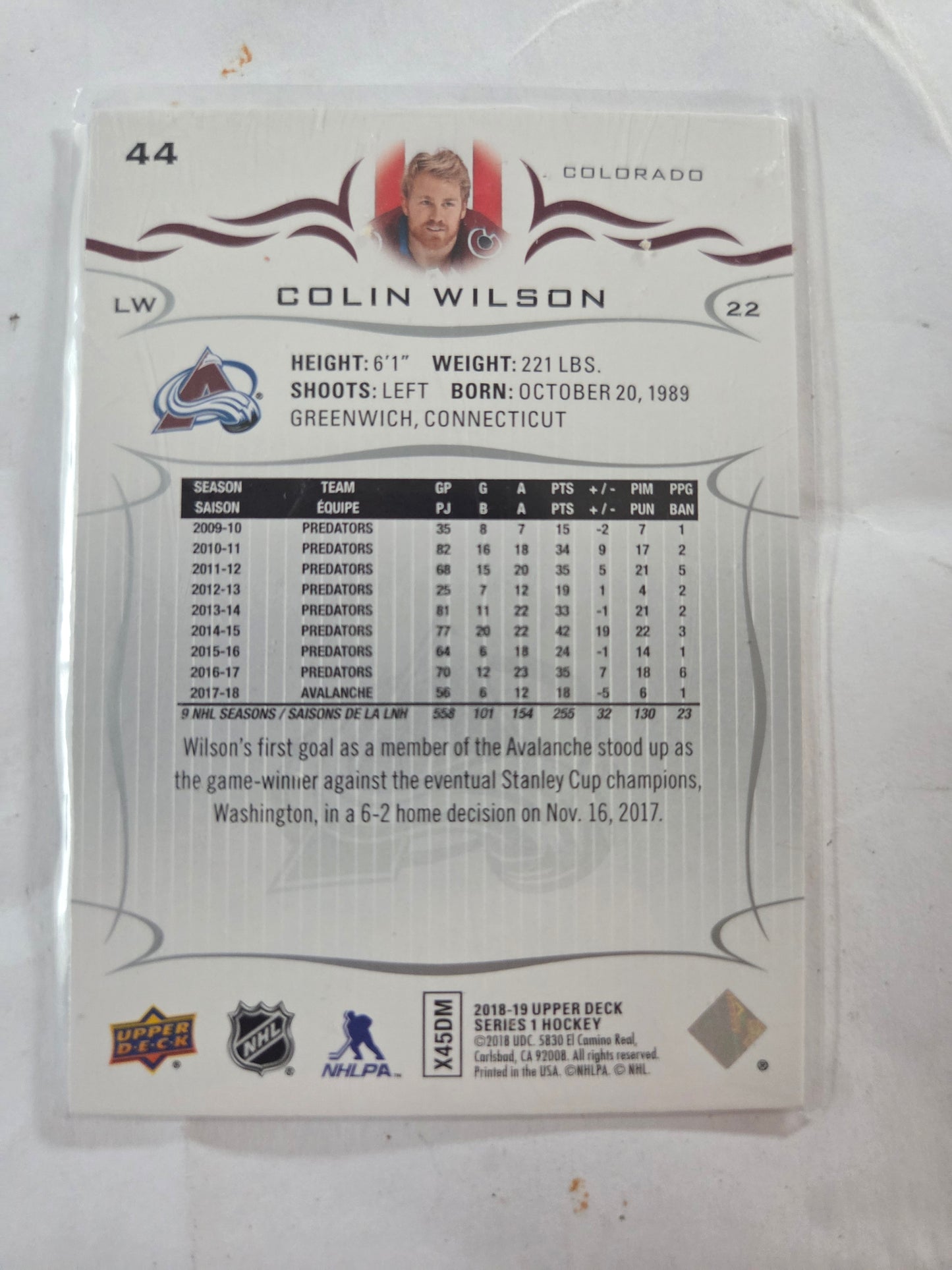 Colin Wilson Upper Deck Series 1 #44 [Colorado Avalanche]