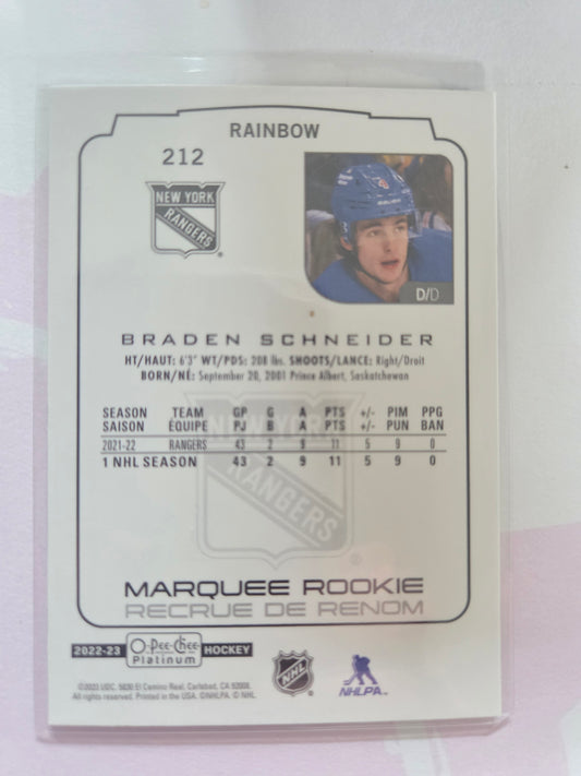 Braden Schneider O-Pee-Chee Platinum Hockey Rainbow Marquee Rookie #212 [New York Rangers]
