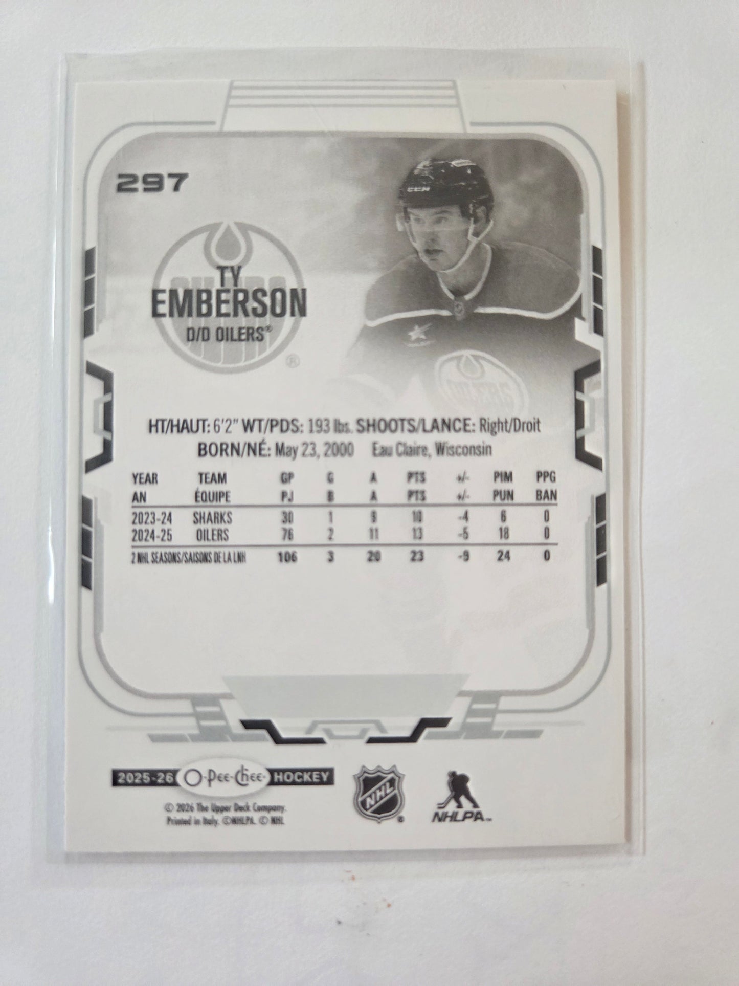 Ty Emberson O-Pee-Chee Hockey #297 [Edmonton Oilers]