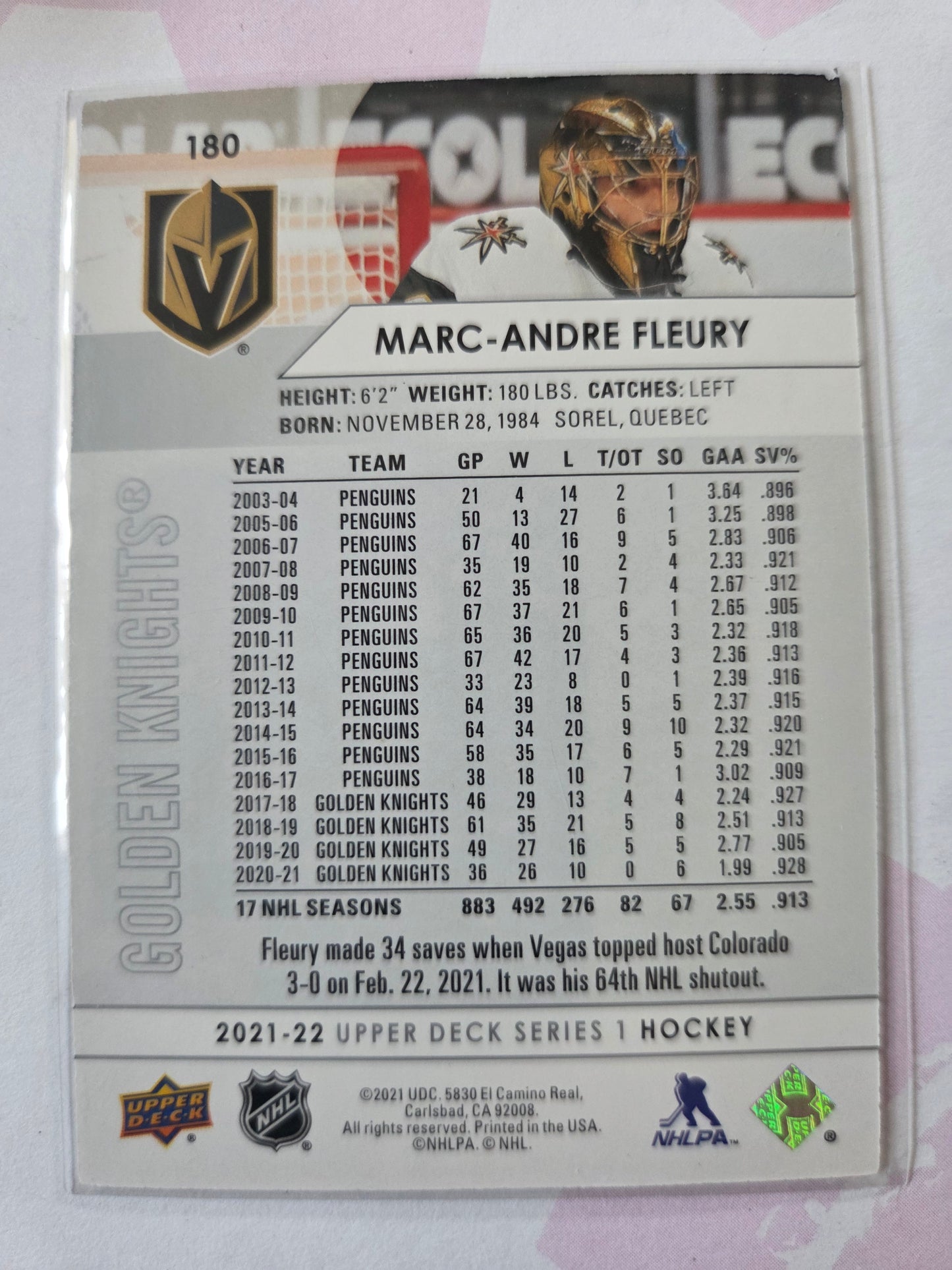 Marc-Andre Fleury Upper Deck Series 1 #180 [Las Vegas Golden Knights]