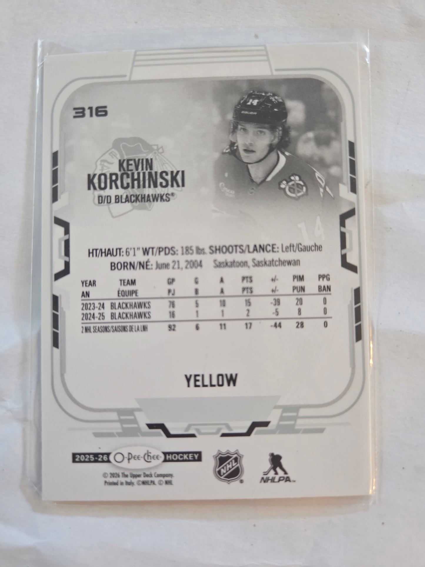 Kevin Korchinski Yellow O-Pee-Chee Hockey #316 [Chicago Blackhawks]