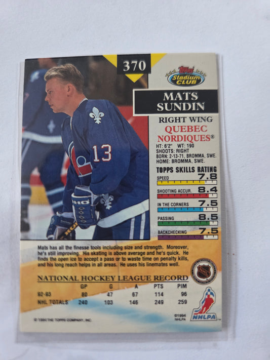 Mats Sundin Topps Stadium Club #370 [Quebec Nordiques]