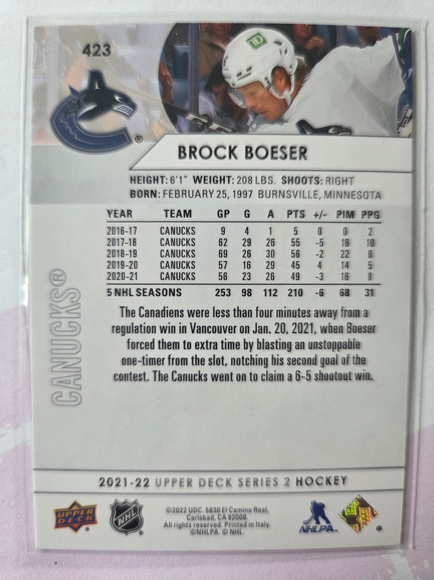 Brock Boeser Upper Deck Series 1 #423 [Vancouver Canucks]