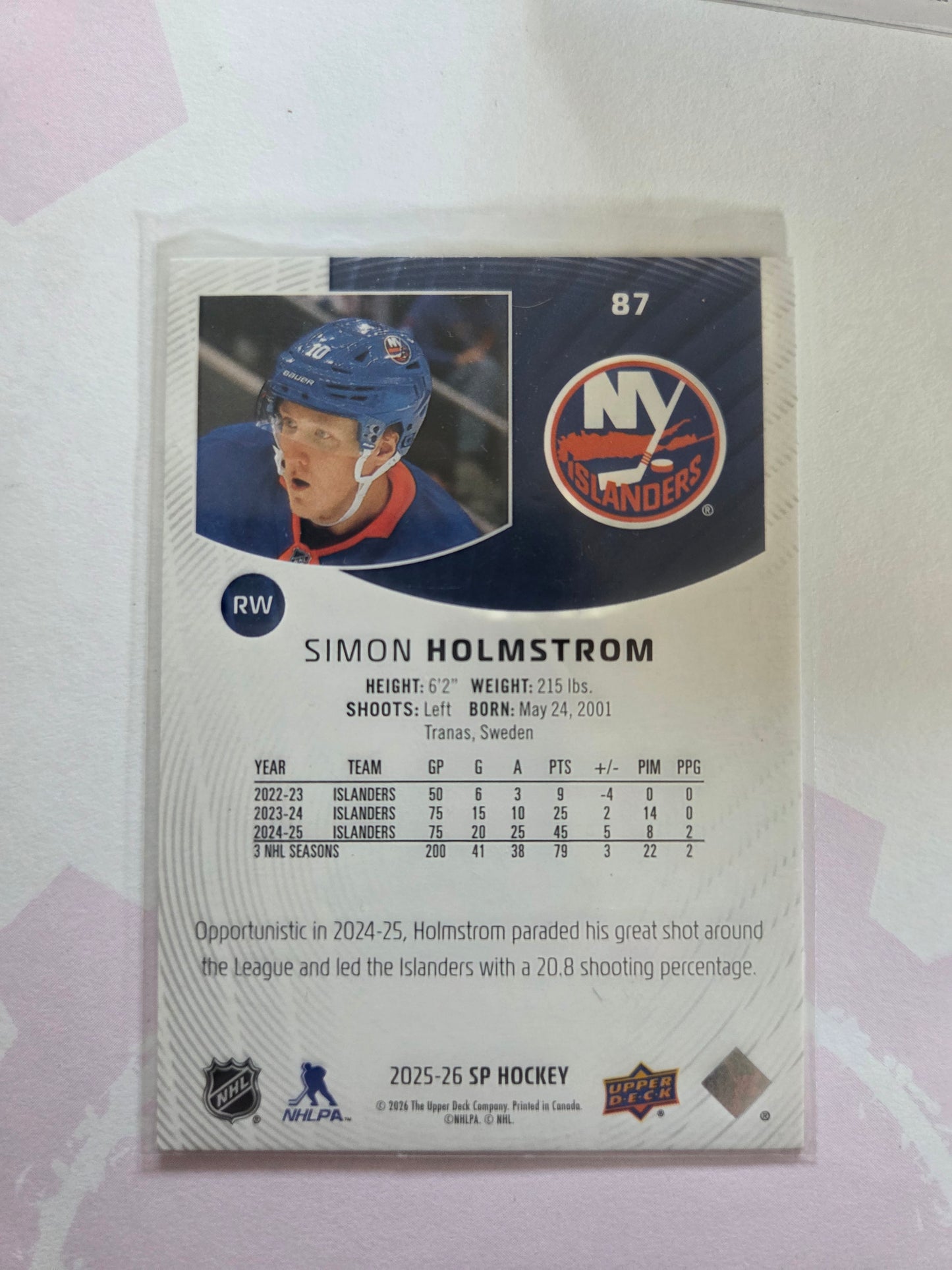 Simon Holmstrom SP Hockey #87 [New York Islanders]